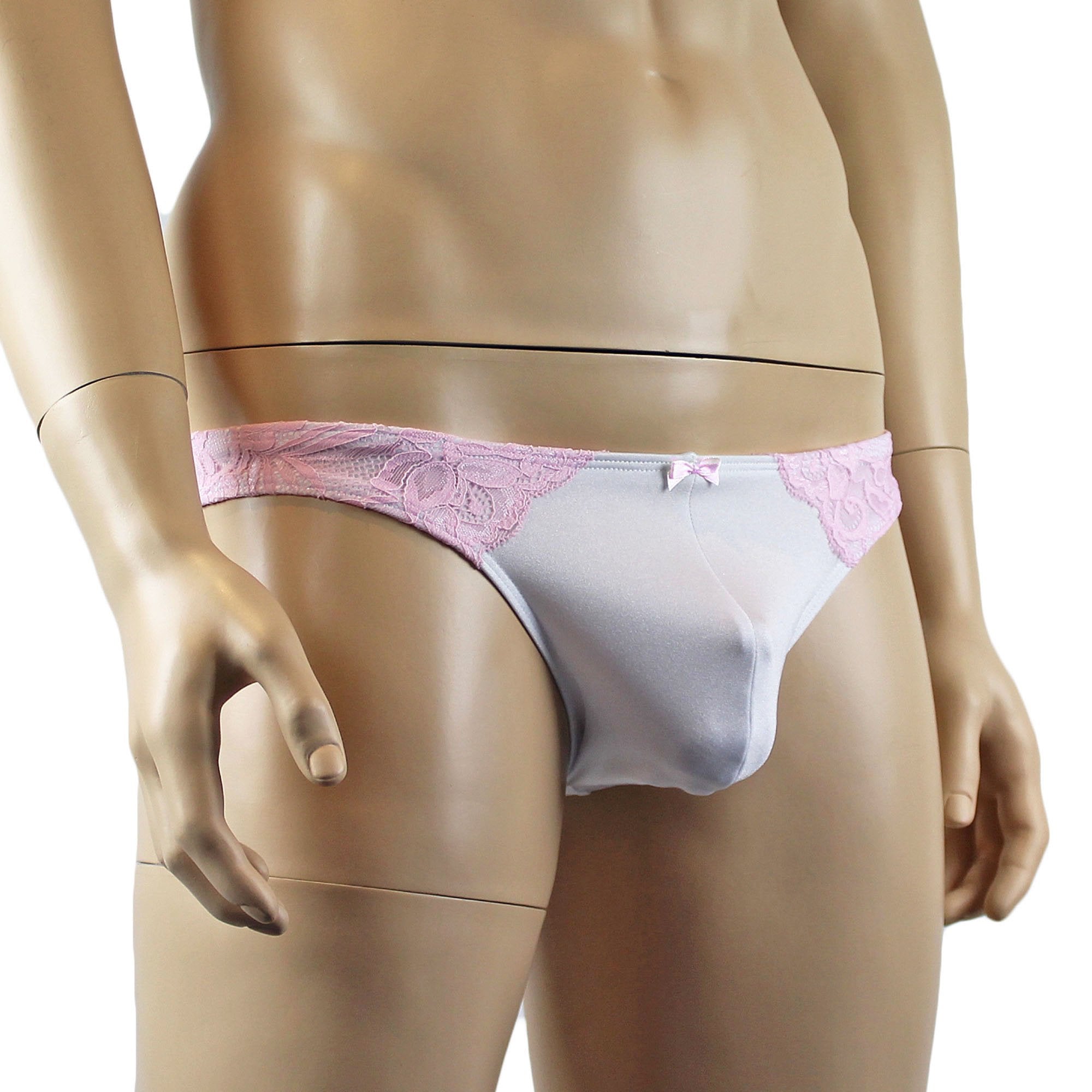 Mens Isabel Panty Stretch Spandex & Lace Bikini Brief with Sexy Back White and Pink Lace