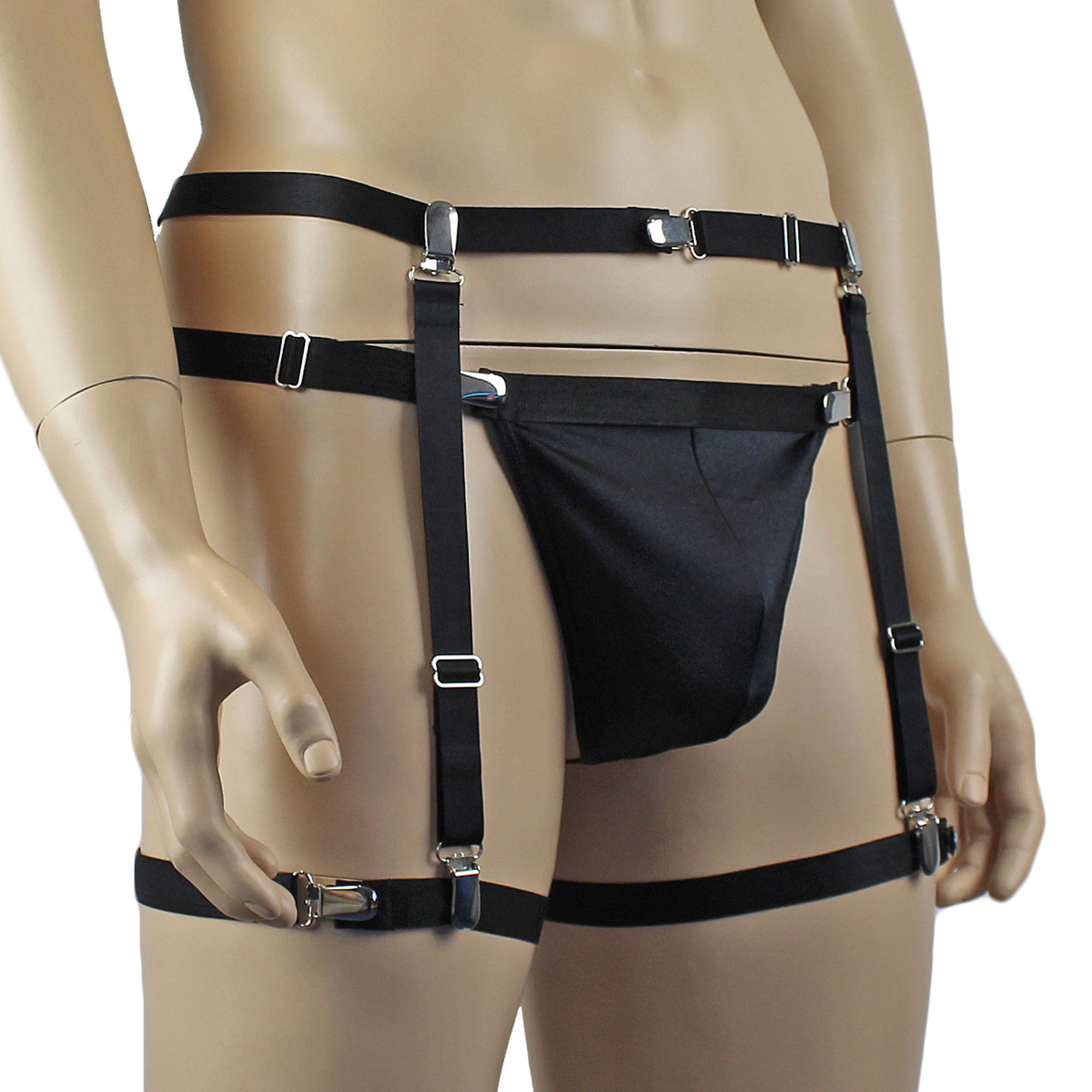 Mens Janice Thong with Adjustable Silver Clip Sides, Garterbelt & Leg Bands Black