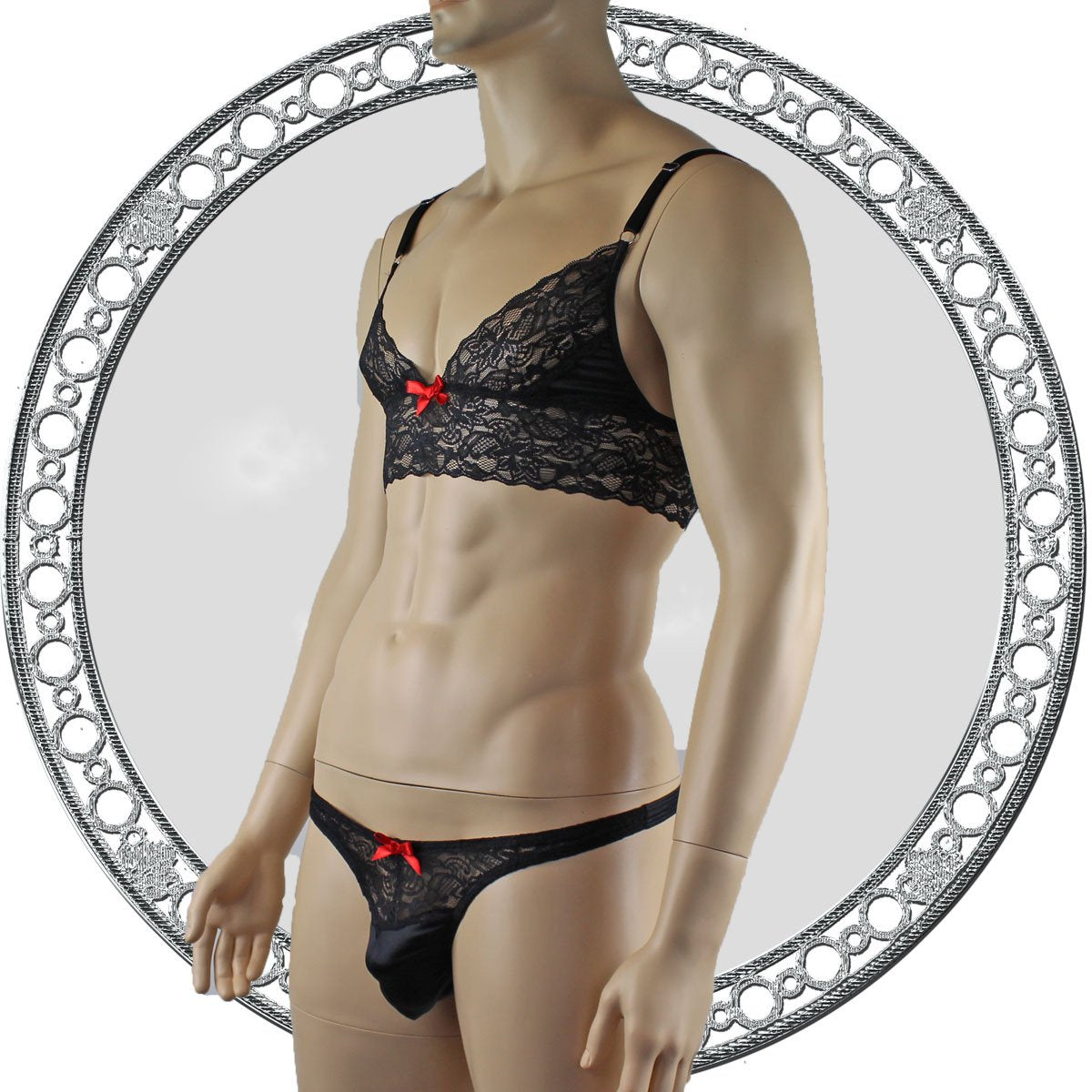 Mens Joanne Lace Bra Top Lingerie and Thong for Men Black and Black Lace