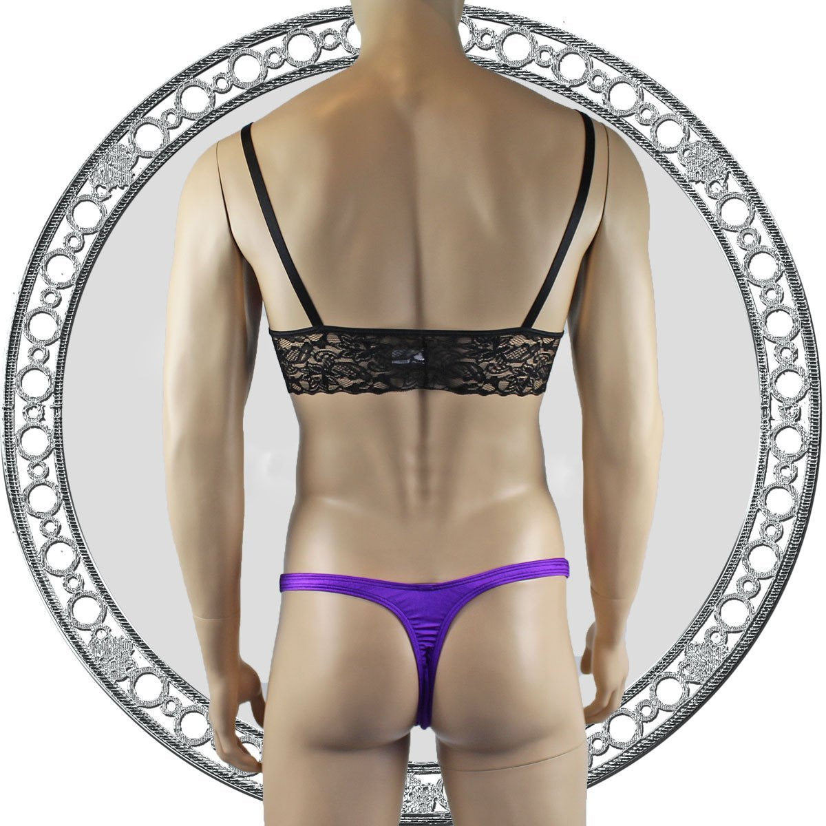 Mens Lace Bra Top Lingerie and Thong for Men Purple and Black