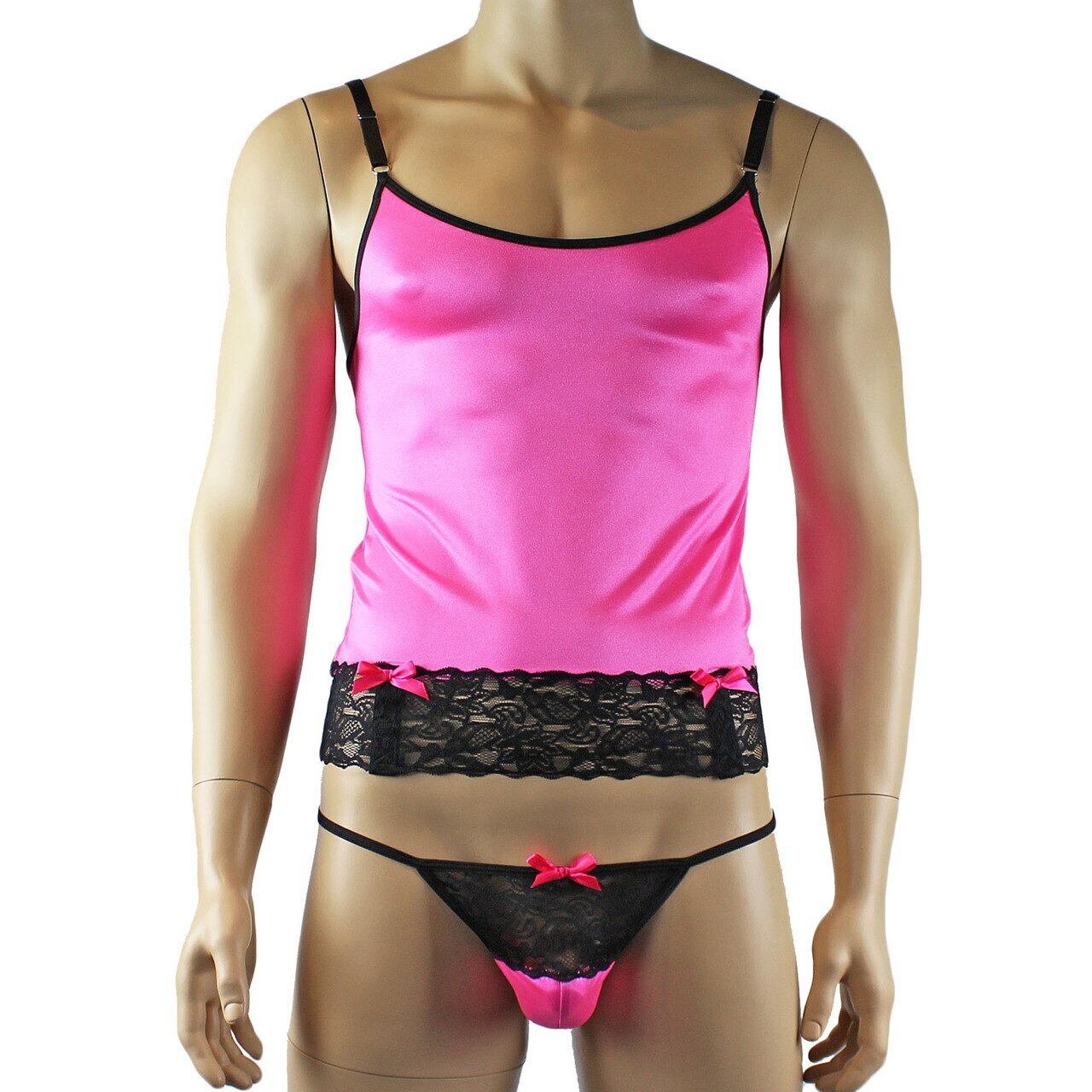 Mens Joanne Camisole Bustier Garter Top with Pouch G string & Stockings - Sizes up to 3XL Hot Pink and Black Lace