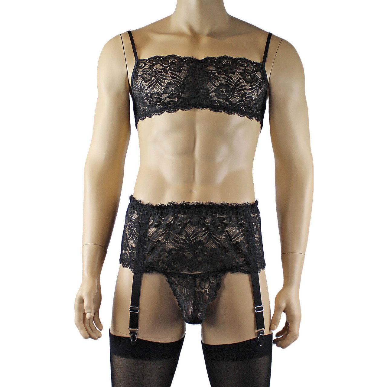 Mens Sexy Lace Bra, Pouch G string, Garterbelt & Stockings (black plus other colours)