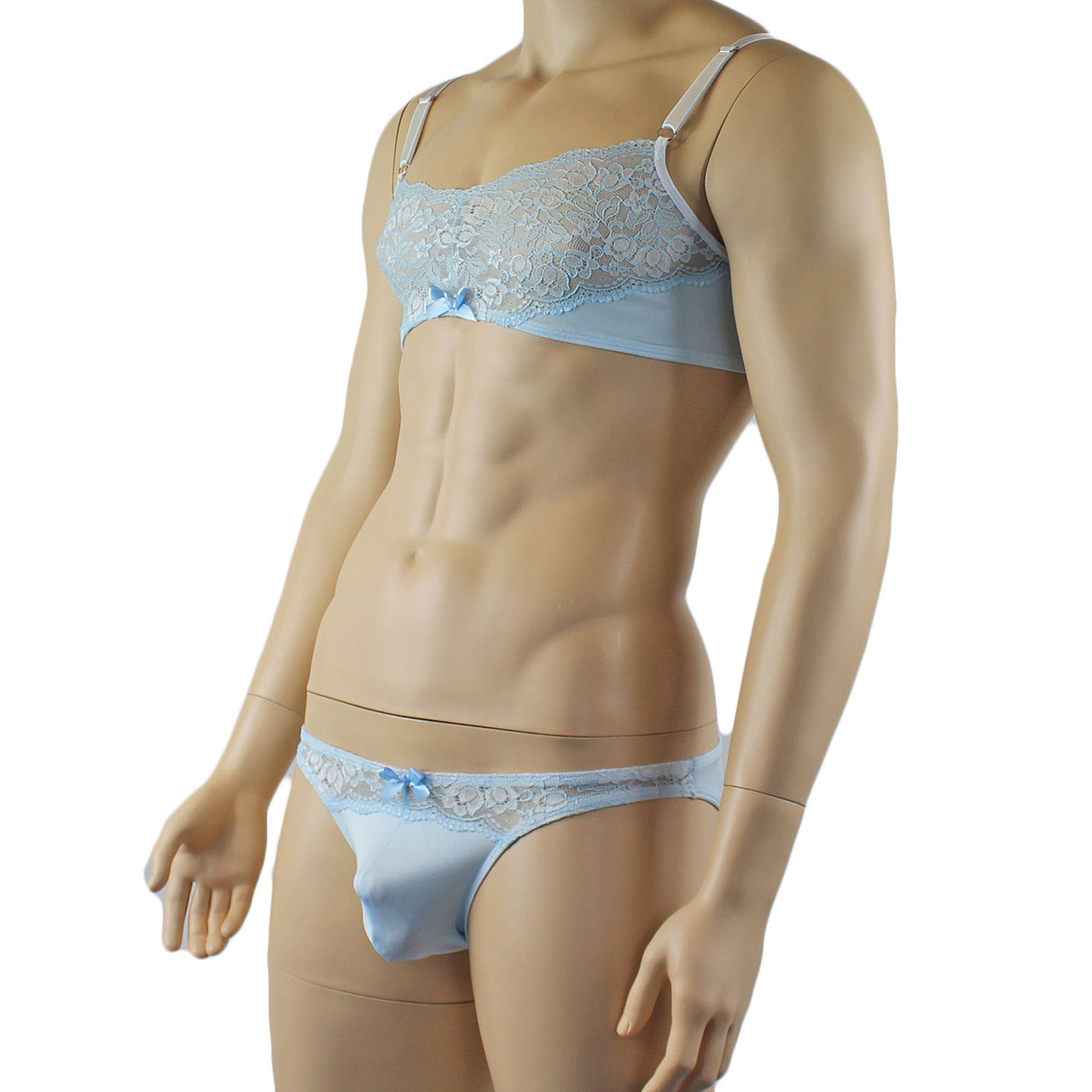 Mens Luxury Spandex & Lace Bra Top and Bikini Brief Light Blue