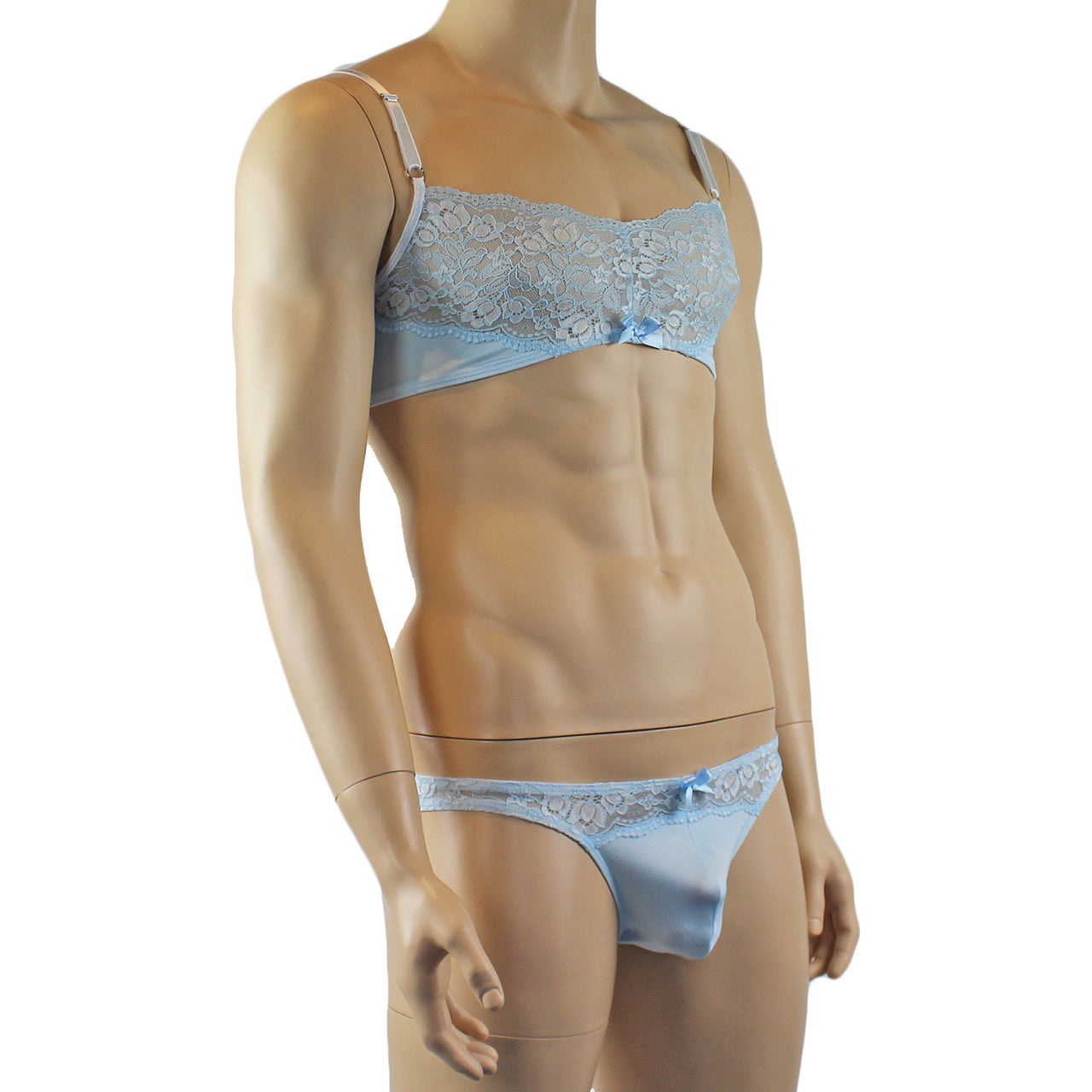 Mens Luxury Spandex & Lace Bra Top and Bikini Brief Light Blue