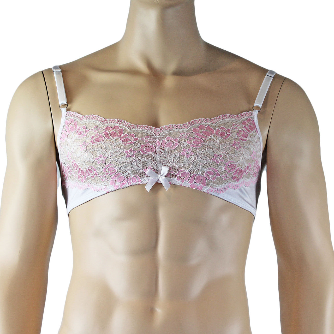 Mens Luxury Spandex & Lace Bra Top and G string White