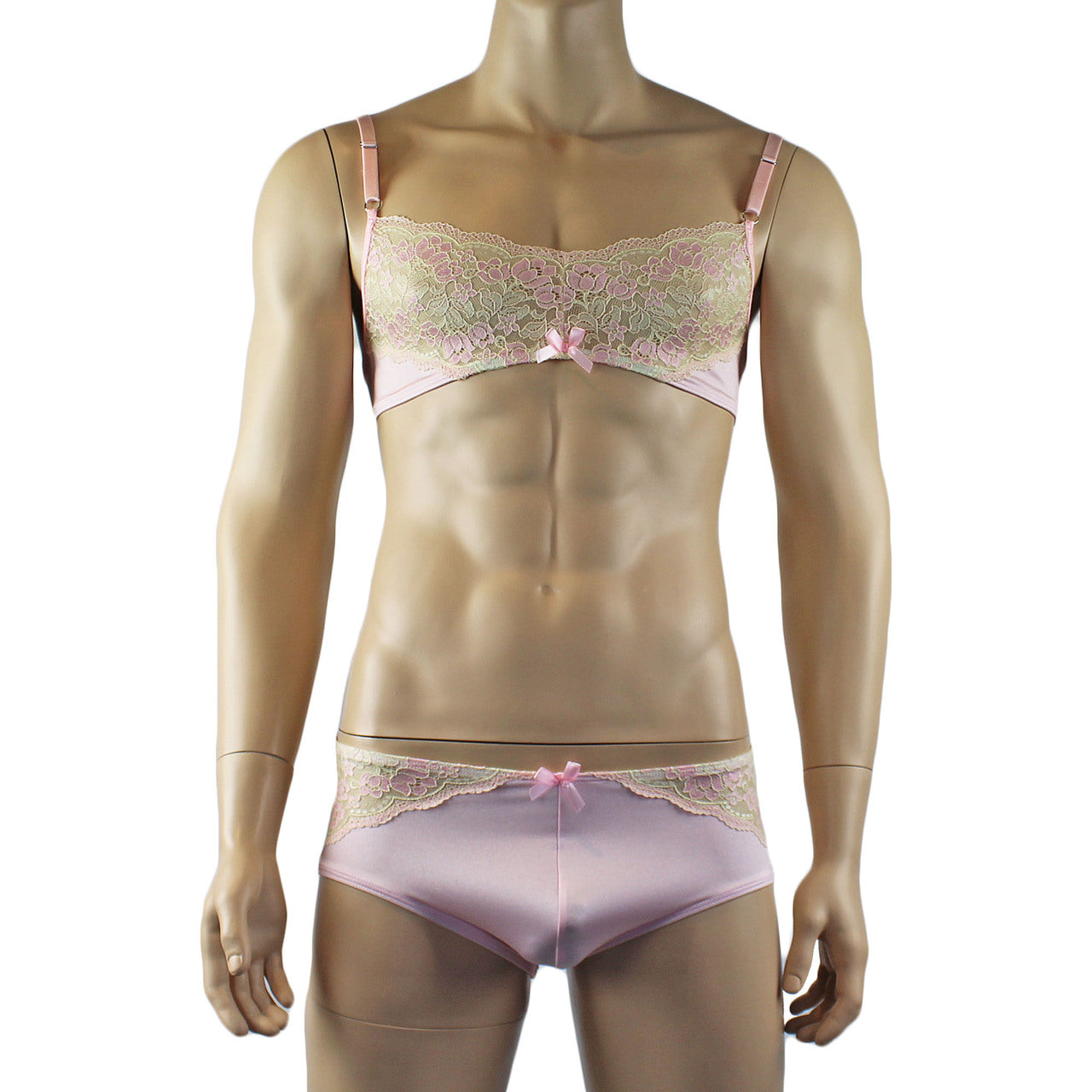Mens Luxury Bra Top and Boxer Brief with Garters & Stockings Pink