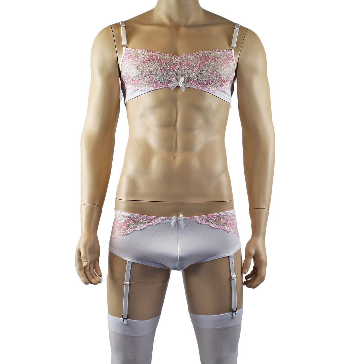 Mens Luxury Bra Top and Boxer Brief with Garters & Stockings White