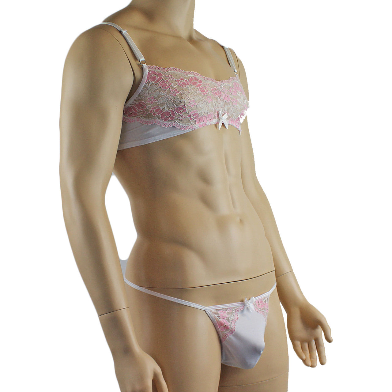 Mens Luxury Spandex & Lace Bra Top and G string White