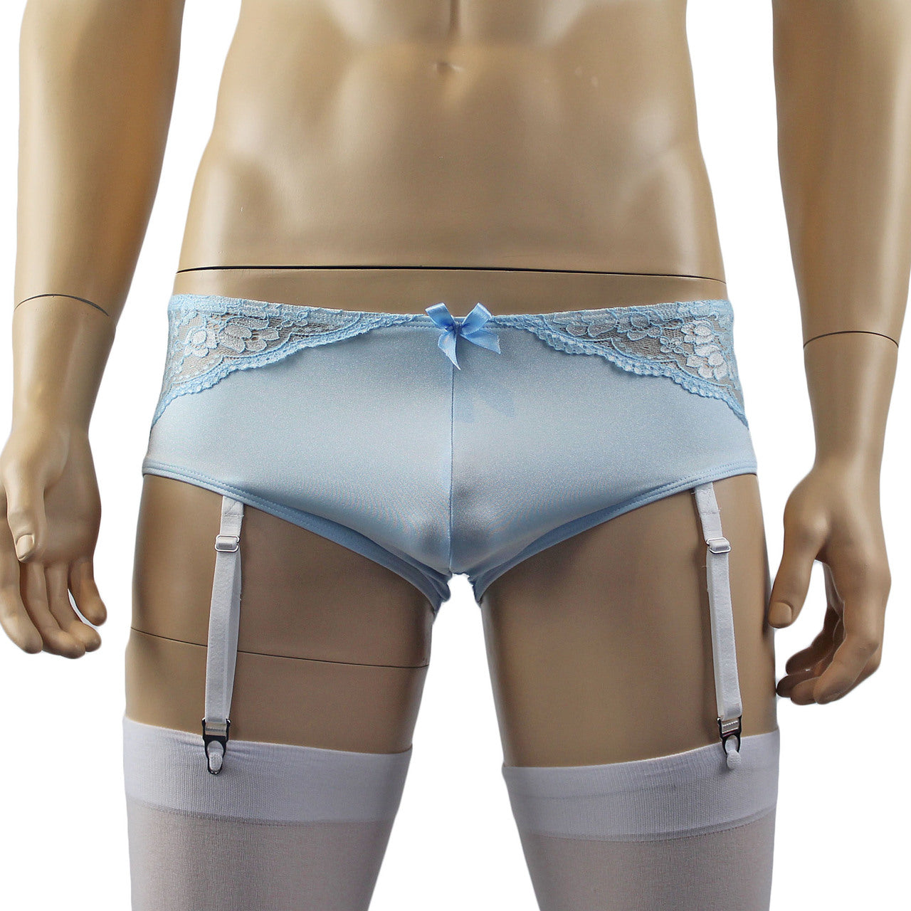 Mens Luxury Bra Top and Boxer Brief with Garters & Stockings Light Blue