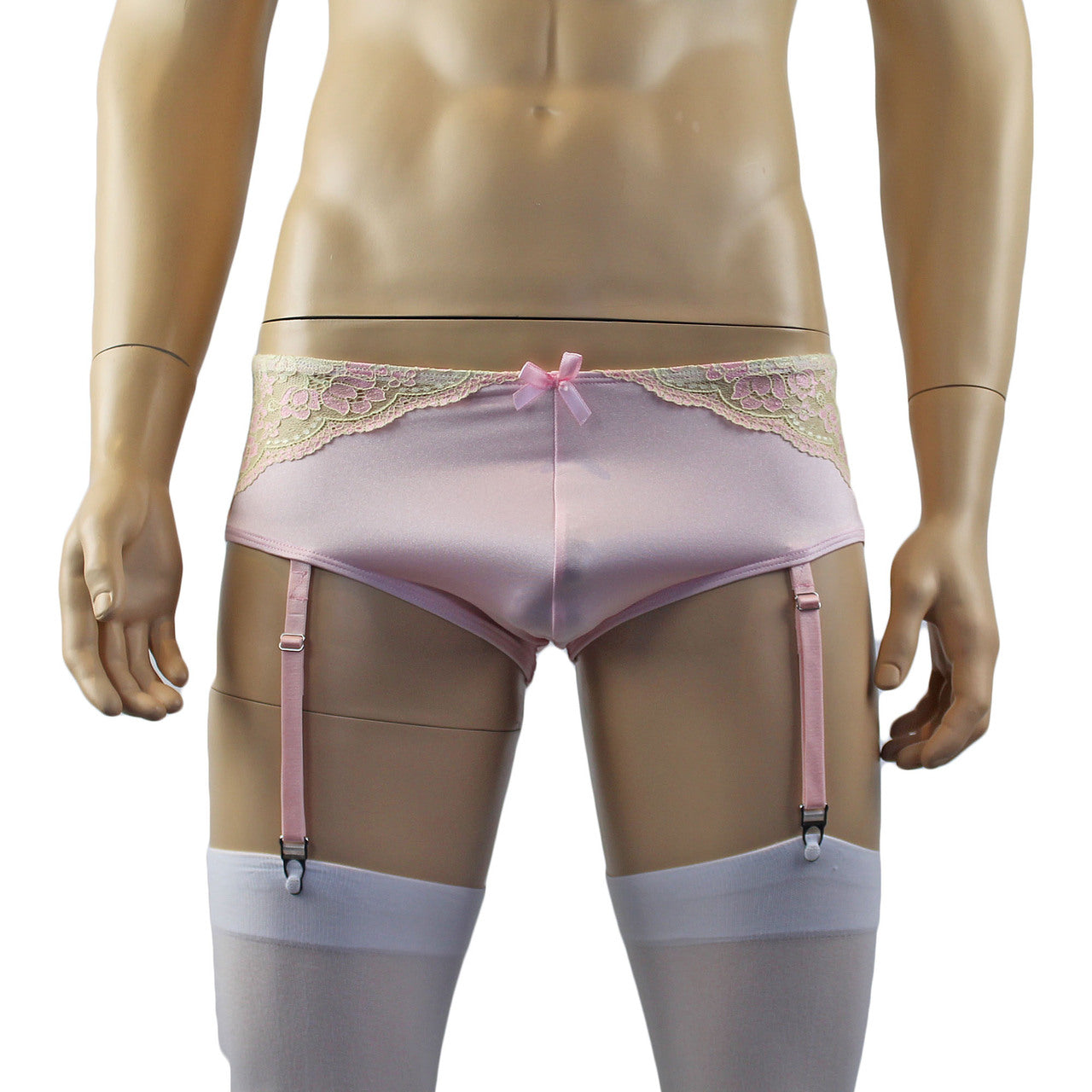 Mens Luxury Bra Top and Boxer Brief with Garters & Stockings Pink