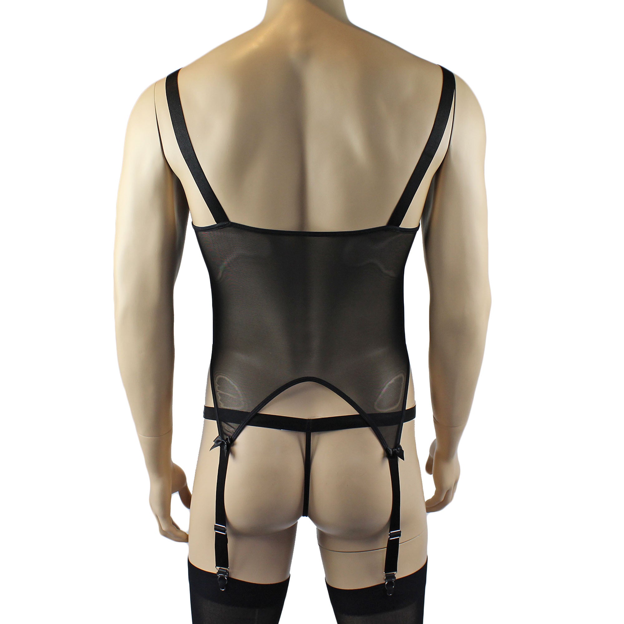 Mens Exotic Lingerie, Mesh Corset Top with Garters - Sizes up to 3XL Black