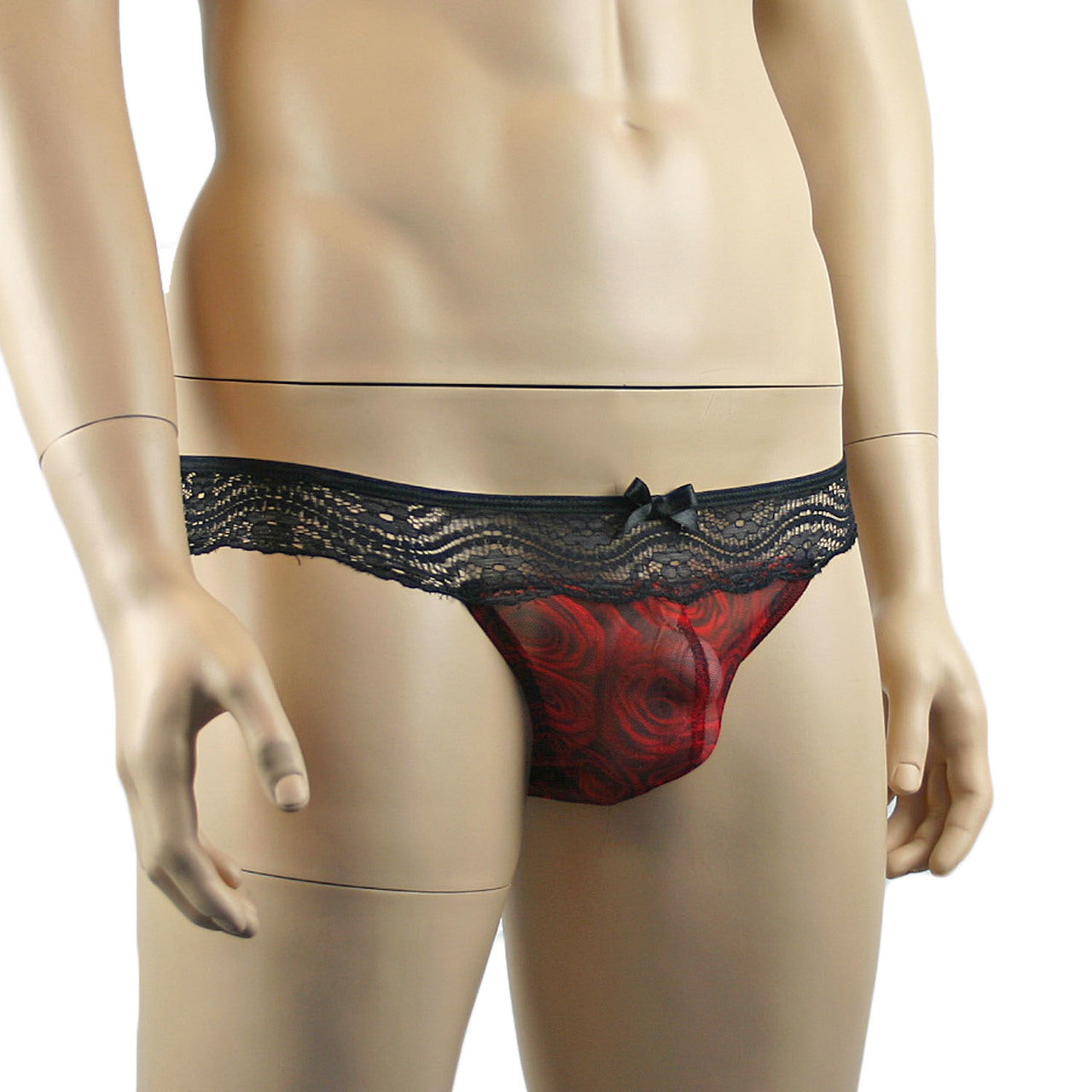 Mens Roses Bikini Brief, Sexy Sheer Lingerie Underwear Red and Black Lace