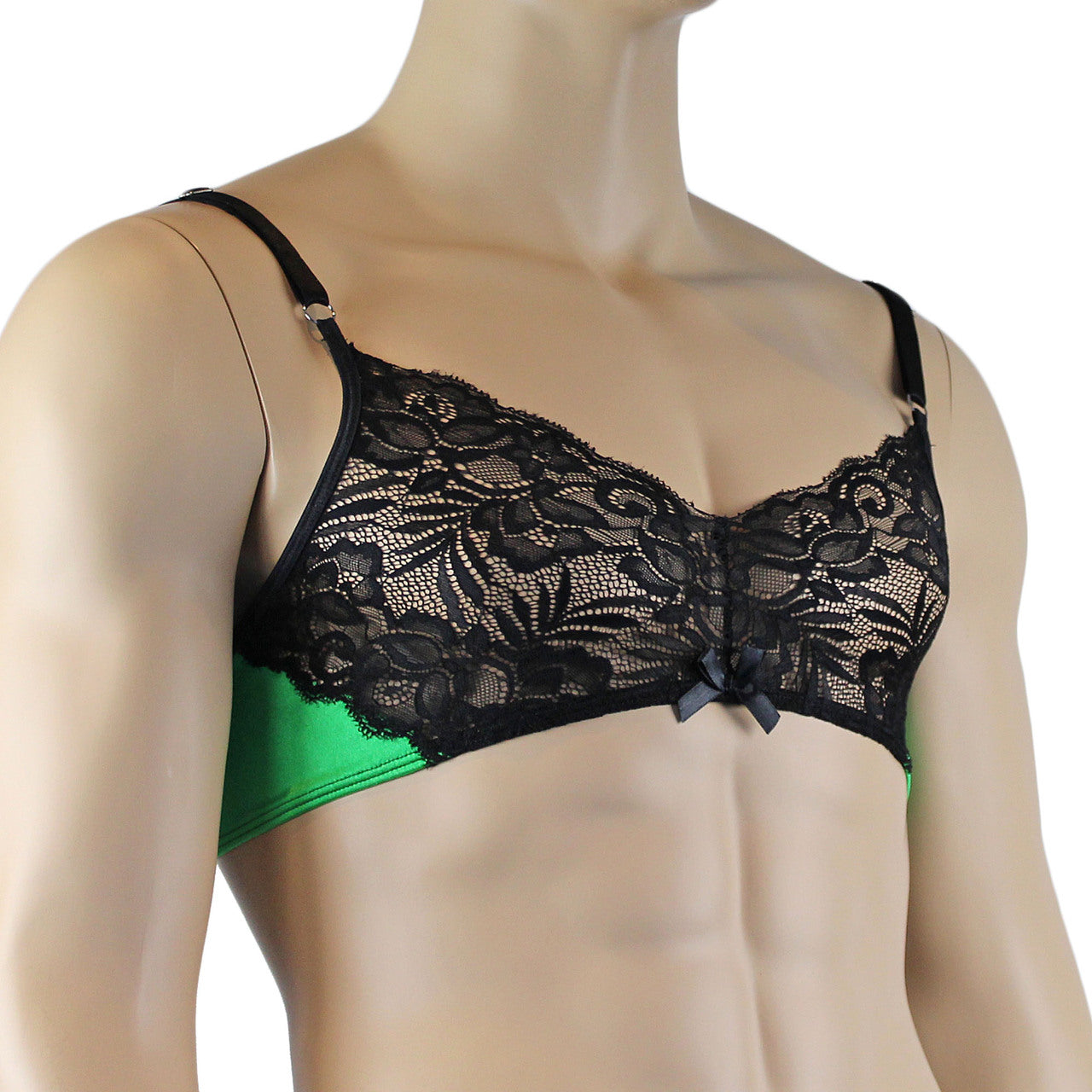 Mens Risque Bra Top Green & Black Lace