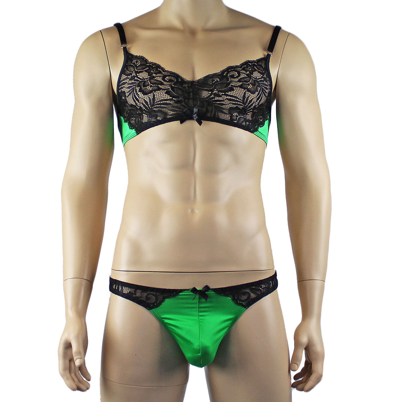 Mens Risque Bra Top and Bikini Brief Green and Black Lace