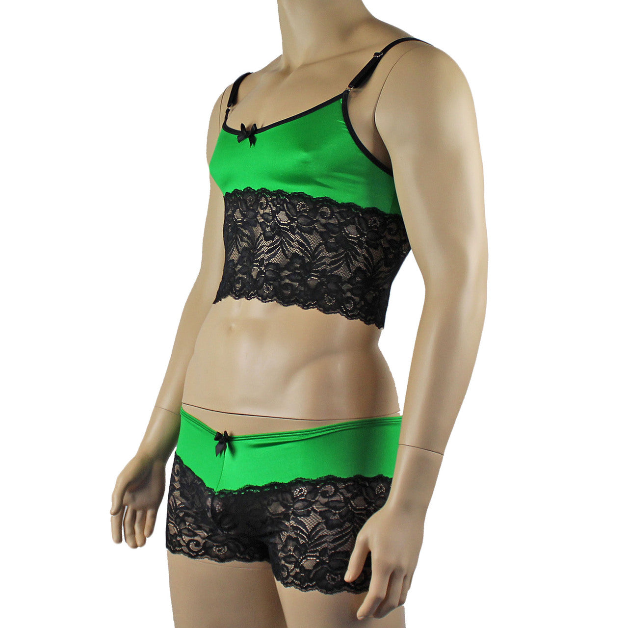 Mens Risque Camisole Top Boxer Briefs Green and Black Lace