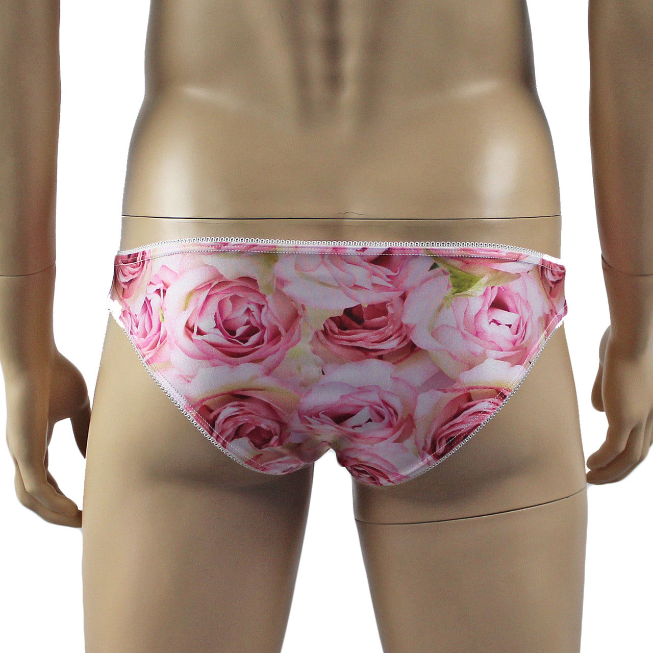 Mens Roses Stretch Spandex Panty Brief with Decorative Pico Elastic Pink