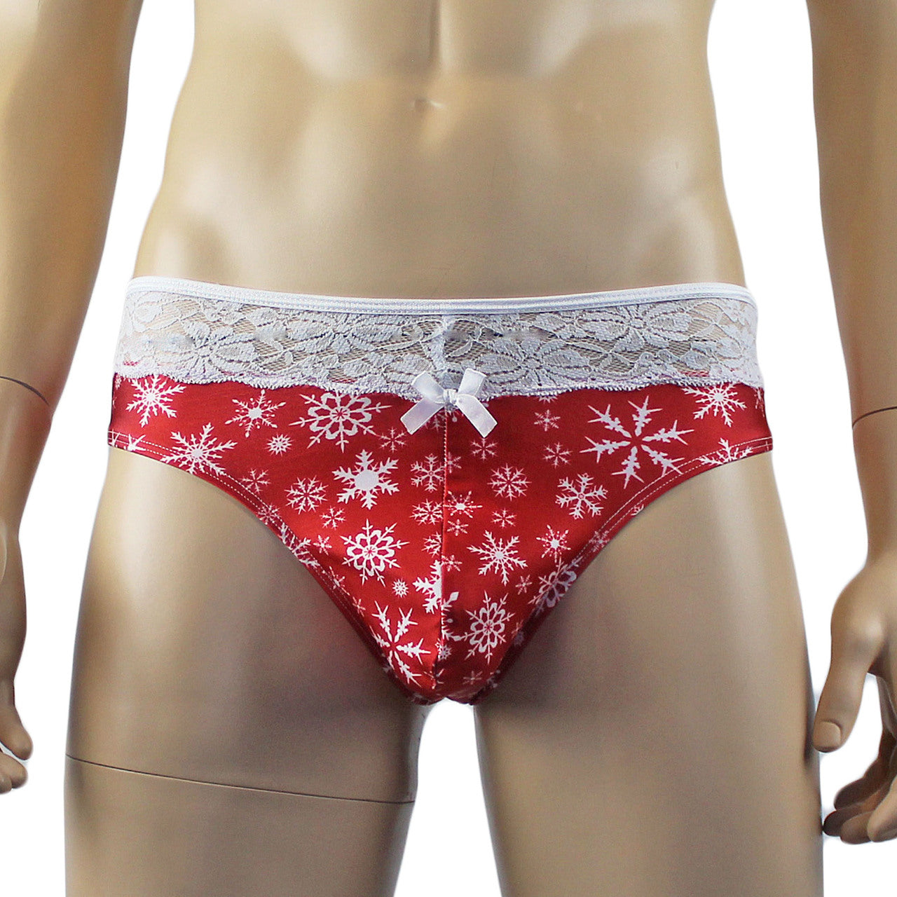 Mens Snowflake Print Spandex High Cut Thong Red and White