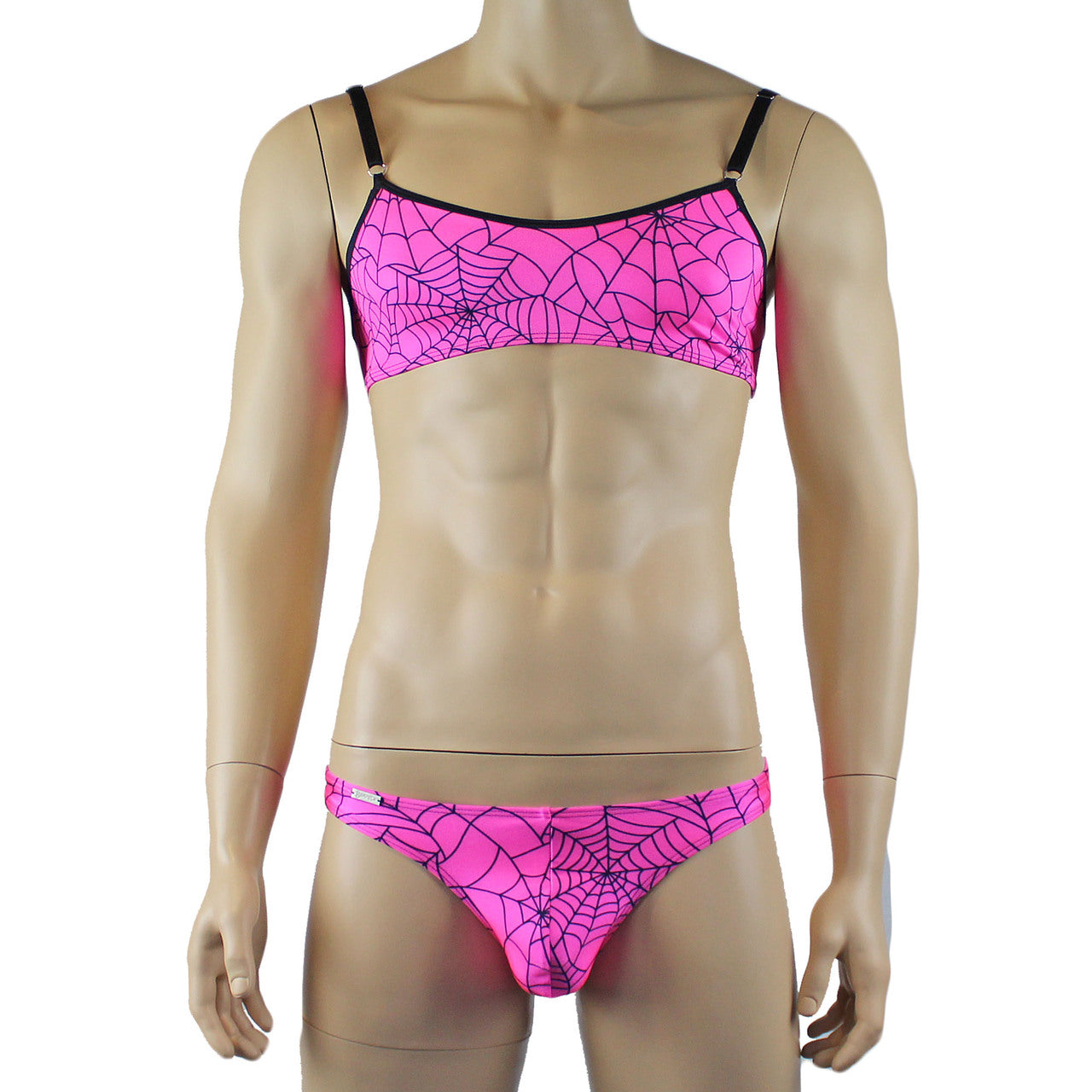 Mens Spider Web Bra Top & Mini Thong Pink