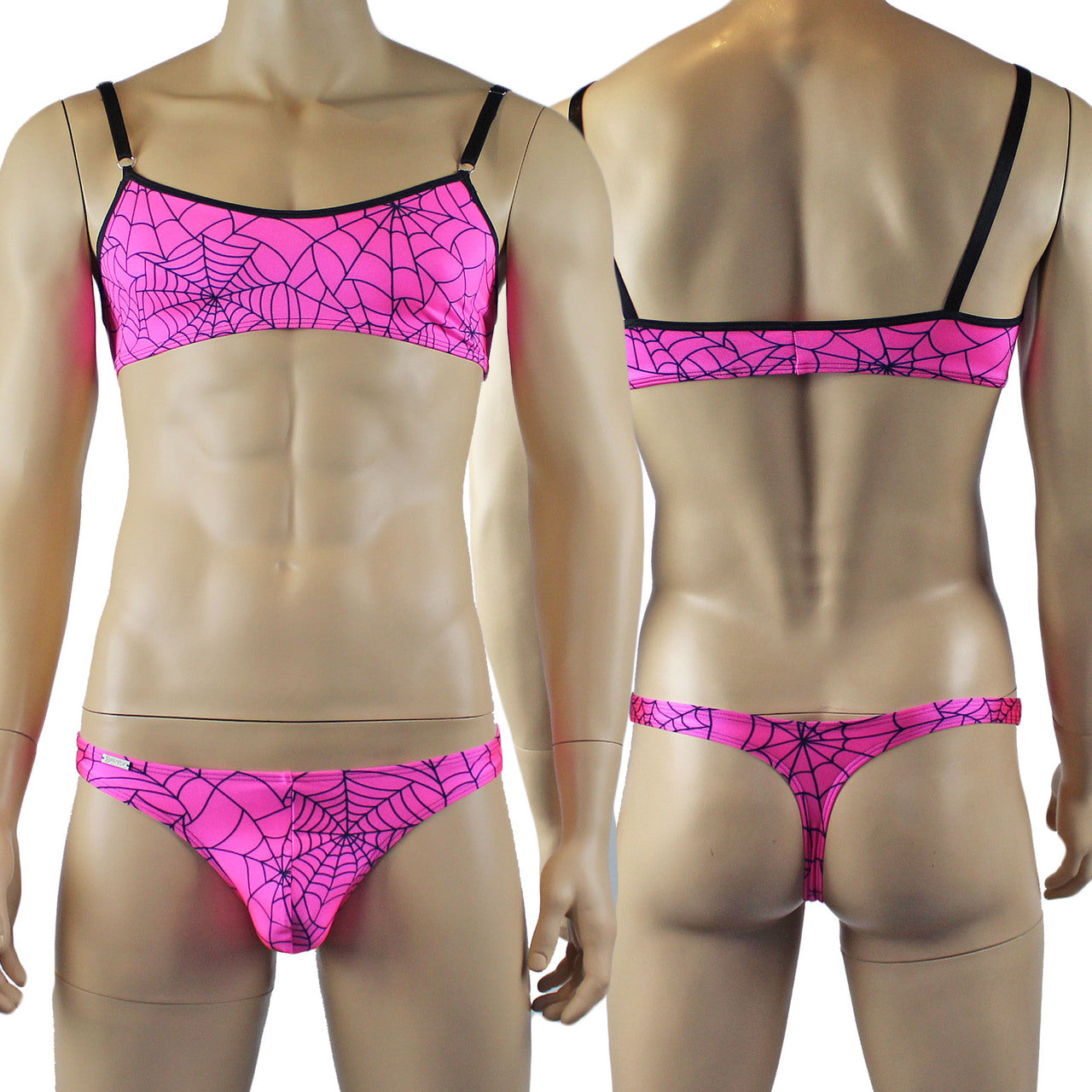 Mens Spider Web Bra Top & Mini Thong Pink