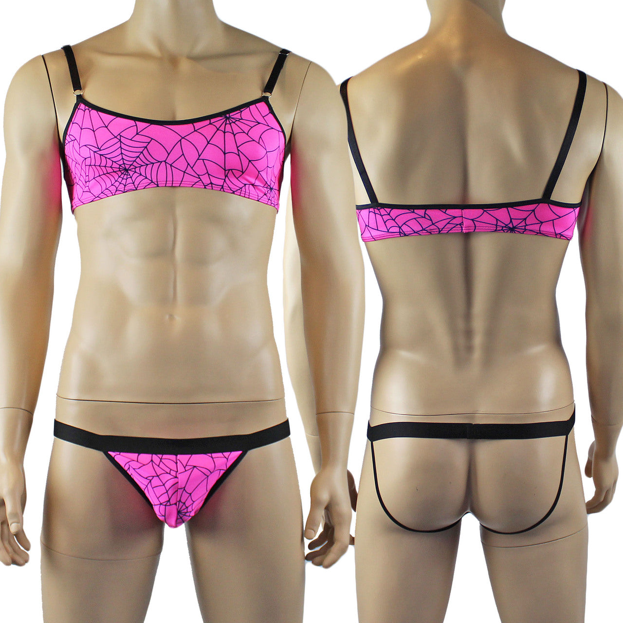 Mens Spider Web Bra Top & Jockstrap with Band Pink