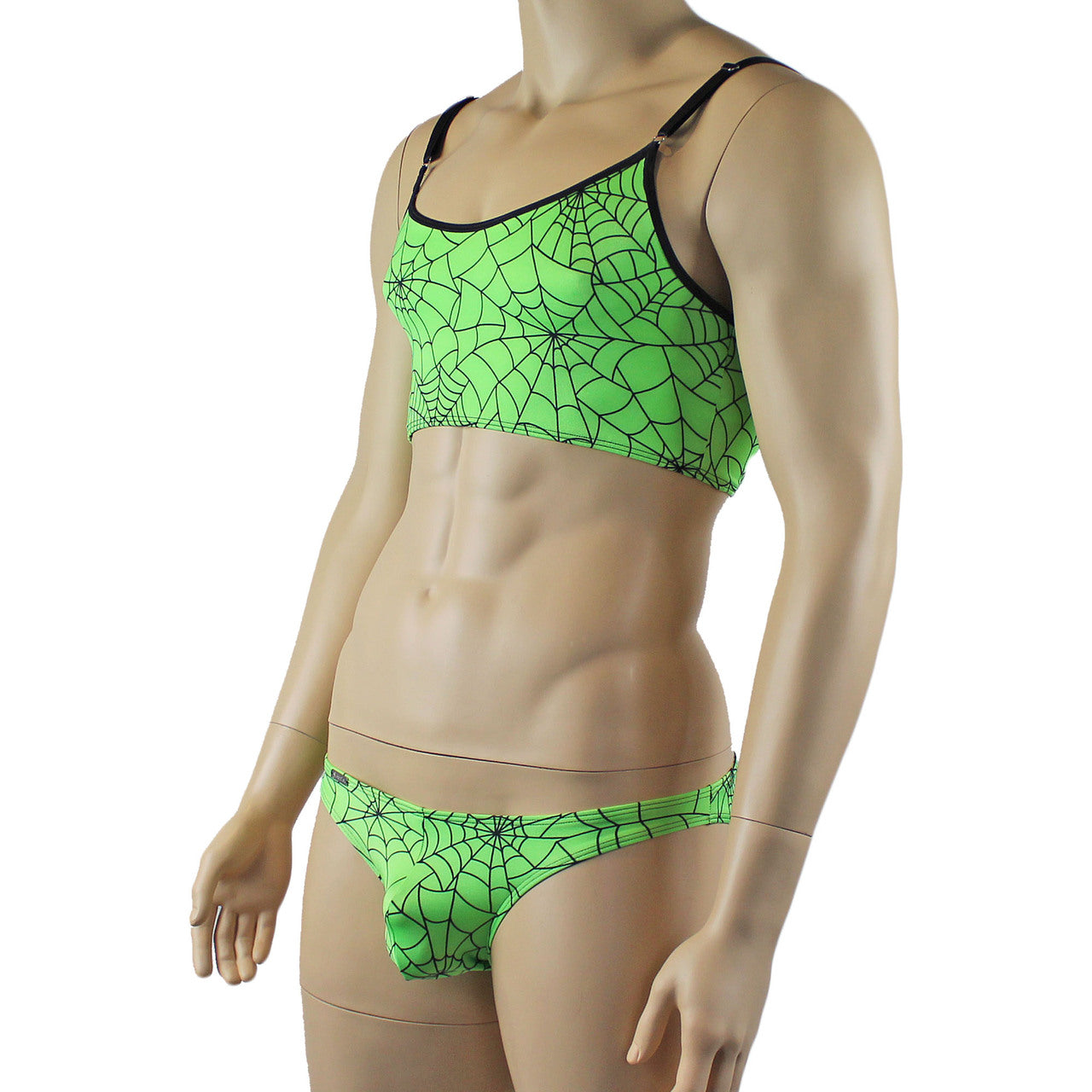 Mens Spider Web Camisole Bra Top & Bikini Brief Lime