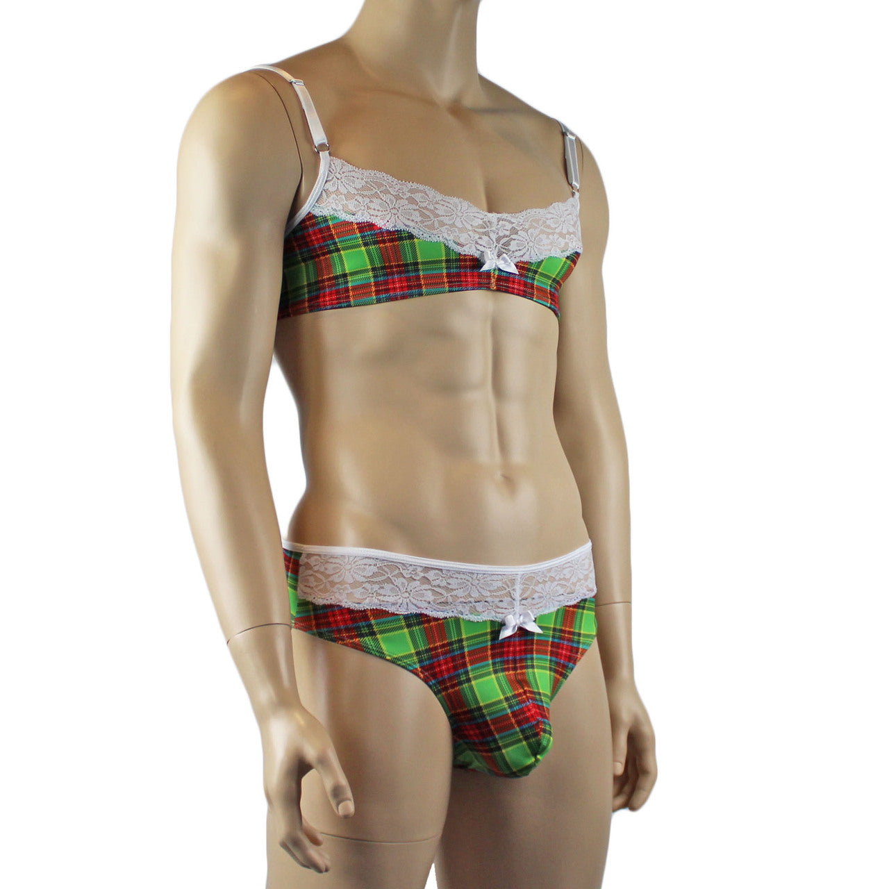 Mens Plaid Tartan Bra Top & High Waist Thong Green and Red