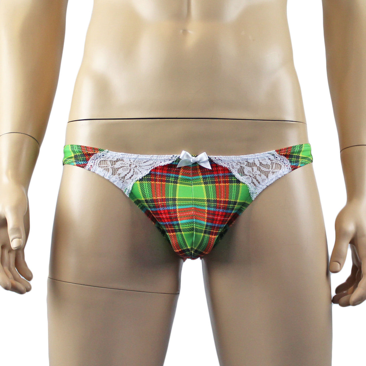 Mens Plaid Tartan Camisole Top & Low Rise Bikini Brief Green and Red
