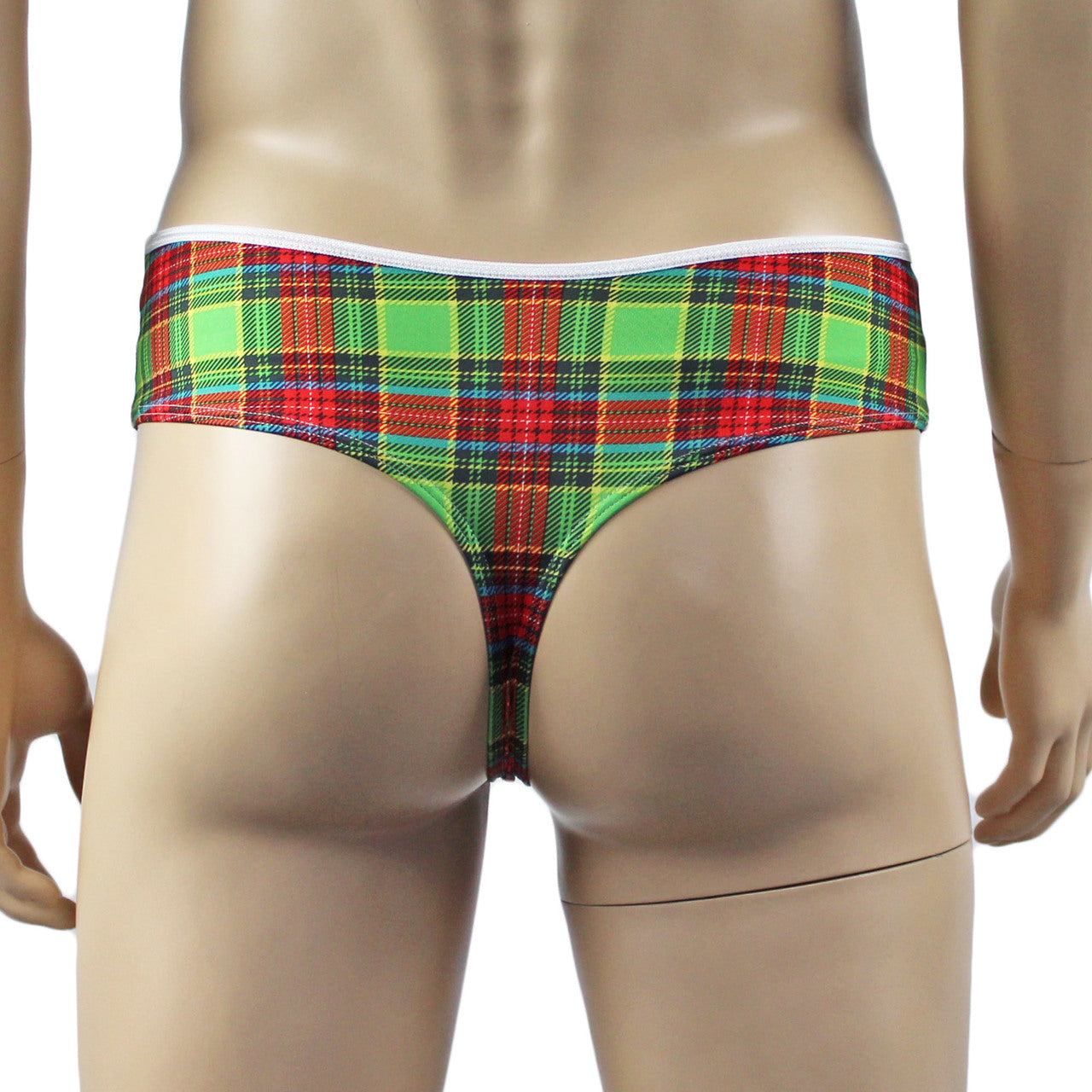 Mens Plaid Tartan Camisole Top & High Waist Thong Green and Red