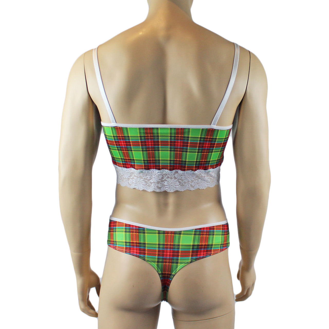 Mens Plaid Tartan Camisole Top & High Waist Thong Green and Red