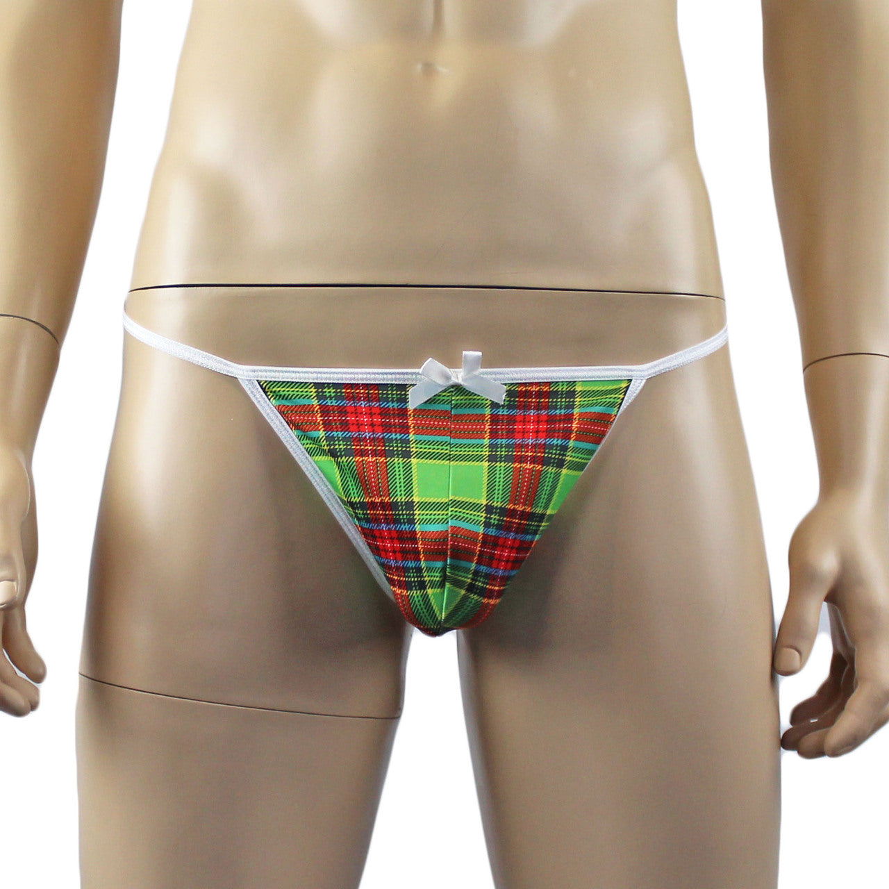 Mens Plaid Tartan Bra Top with Pouch G string Green and Red