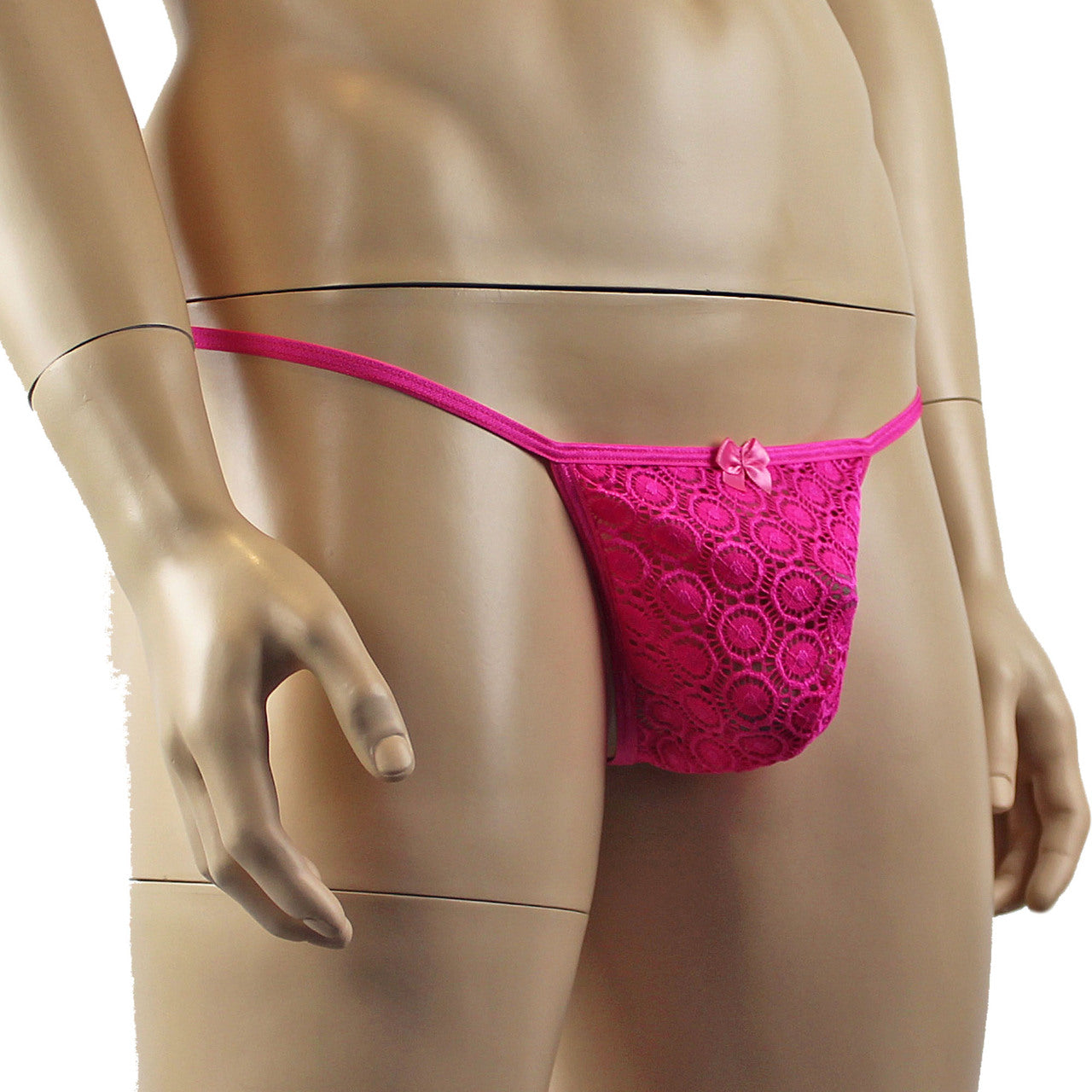 Mens Tease Circle Lace Pouch G string with Cute Bow Front Hot Pink