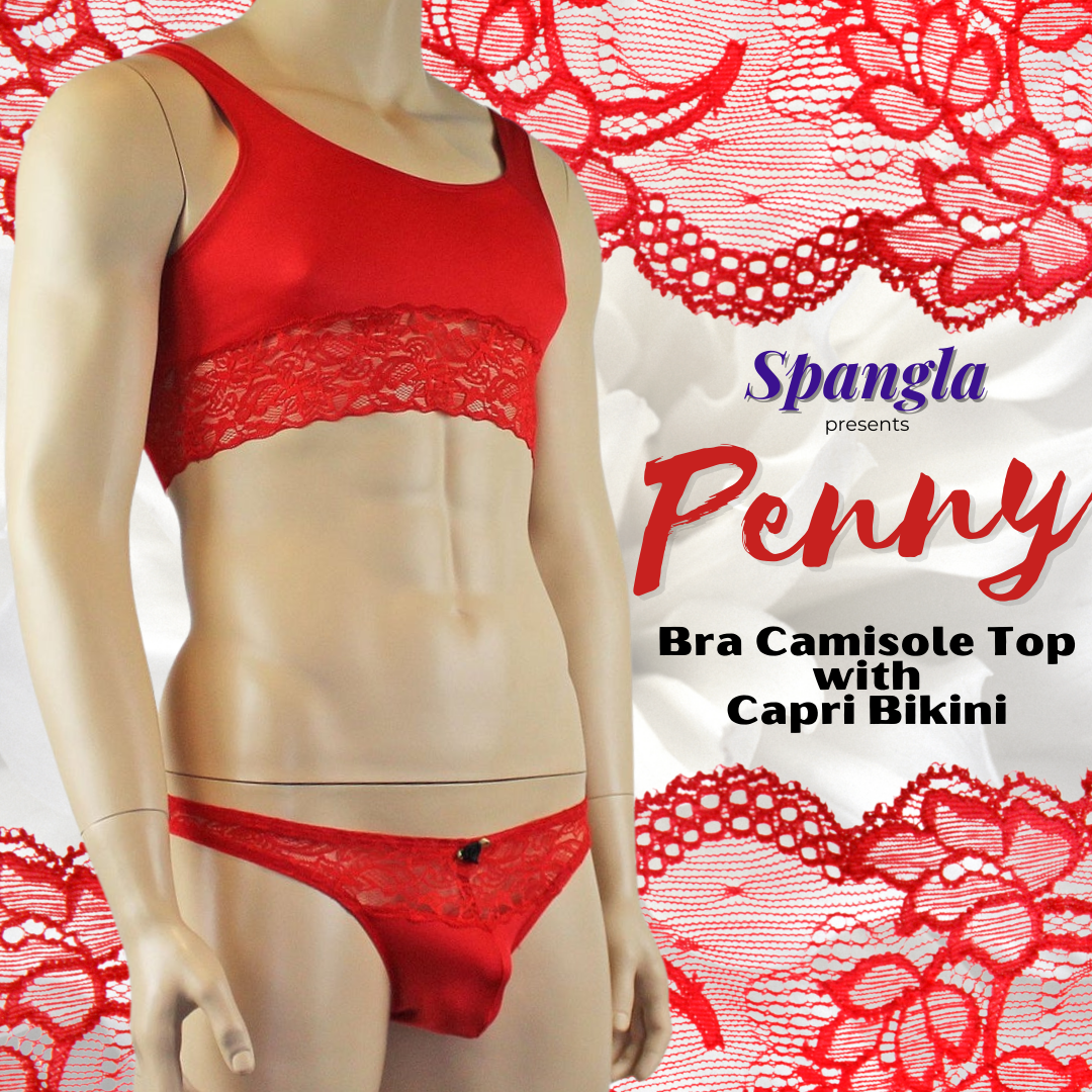 Try on the Penny Mens Lingerie Bra Camisole Top with Capri Bikini by Spangla!