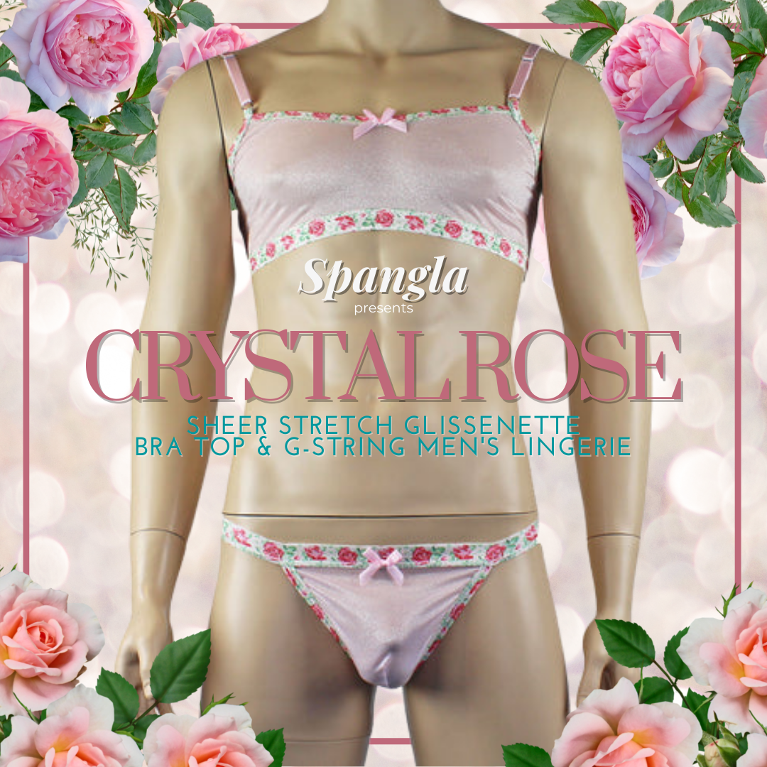Bask in the Sweet Shimmer of the Men’s Crystal Rose Bra Top & G-string Set by Spangla!