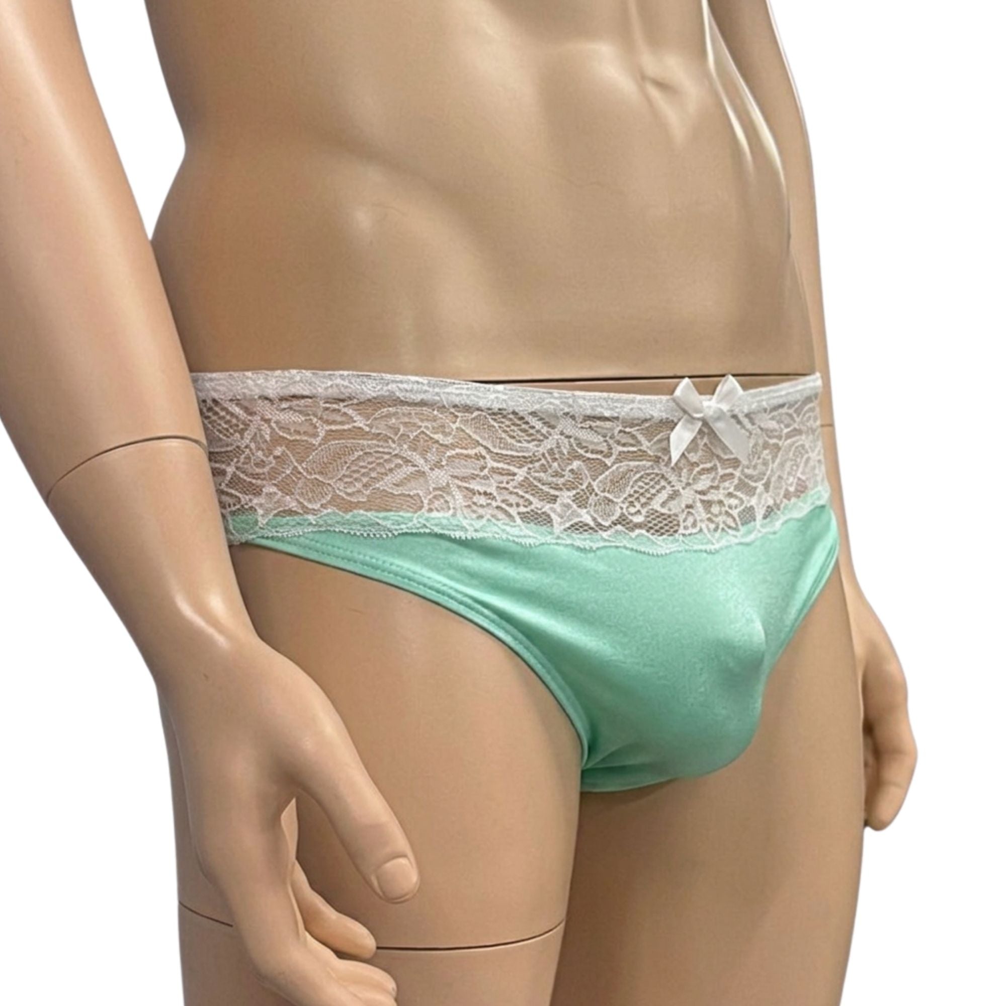 Mens Jackie Stretch Spandex Seamless Front Bikini Brief Mint & White Lace