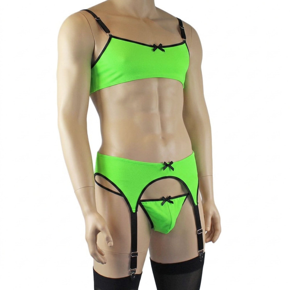 Mens Jenny Shiny Spandex Bra Top, G string and Garterbelt Lingerie Neon Green & Black