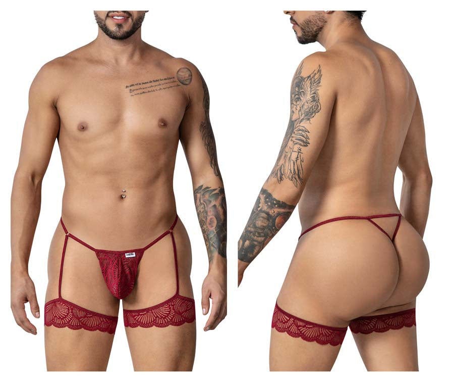 CandyMan 99906 Mens Sexy Garter Lace Thongs Burgundy Plus Sizes