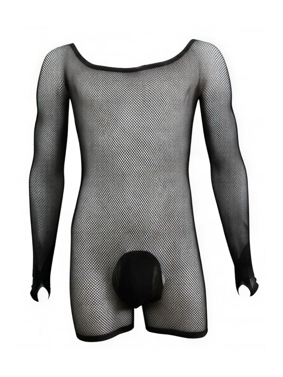 CandyMan 99955 Mens Stretch Fishnet Bodysuit with Long Sleeves Black