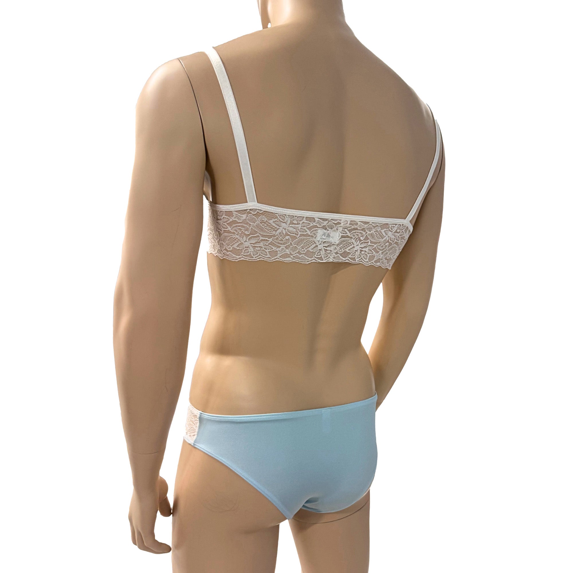 Mens Jackie & Lace Bra Top and Seamless Front Brief Light Blue & White Lace