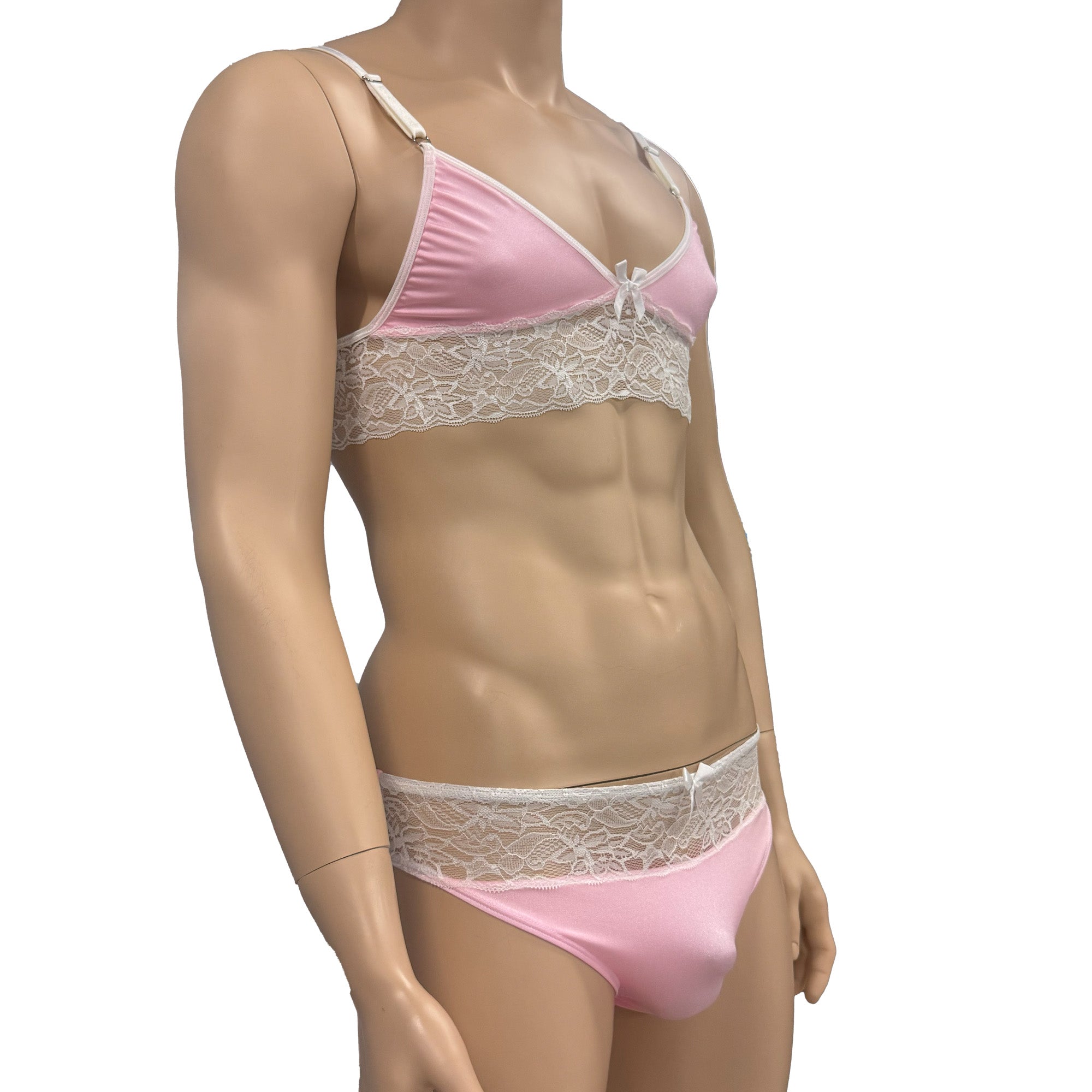 Mens Jackie & Lace Bra Top and Seamless Front Brief Light Pink & White Lace