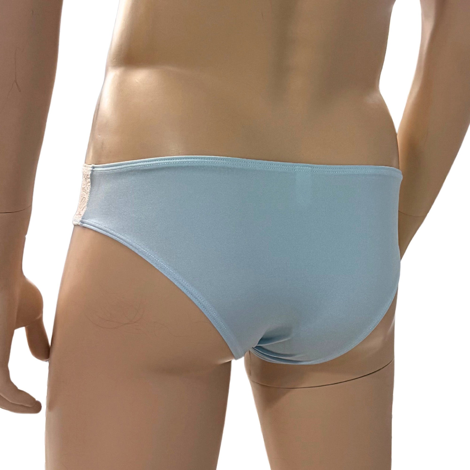 Mens Jackie Stretch Spandex Seamless Front Bikini Brief (light blue & white lace plus other colours)