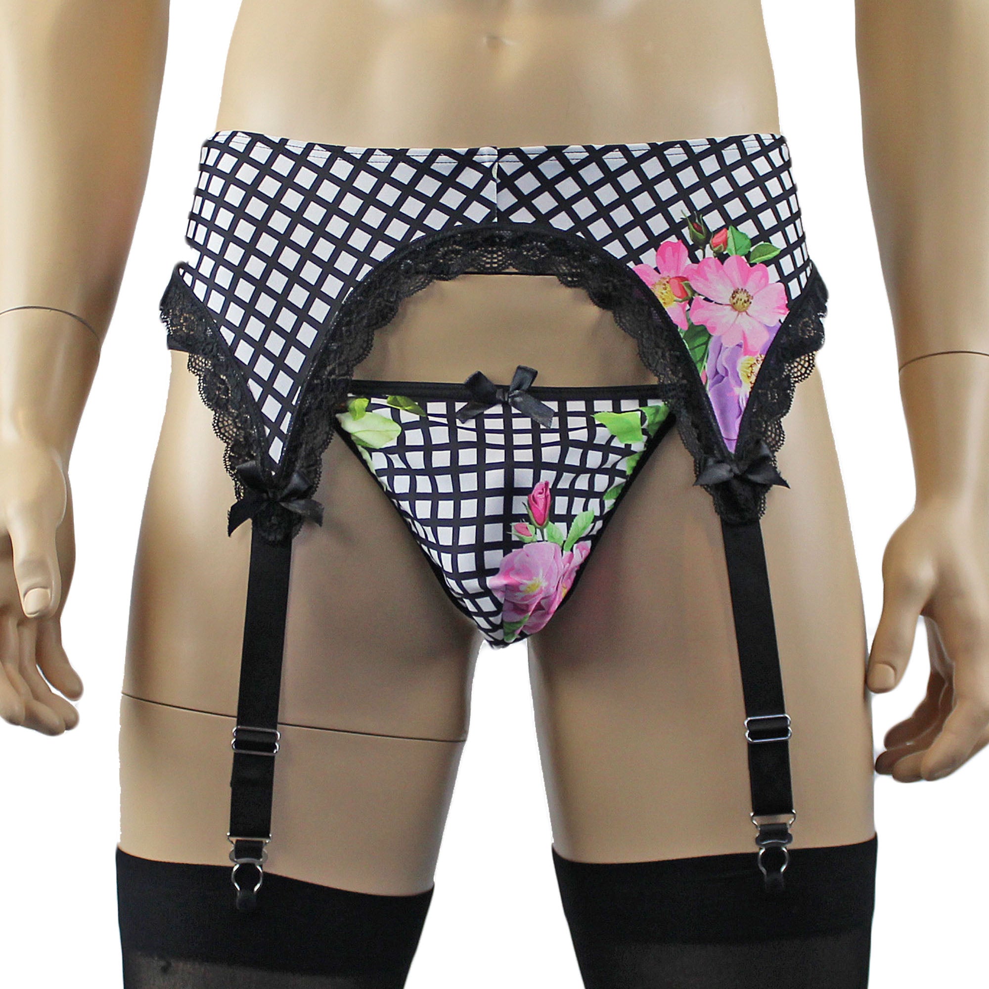 Mens Diana Bra Top , Garterbelt & G string in a Pretty Flower Checkered Print Spandex