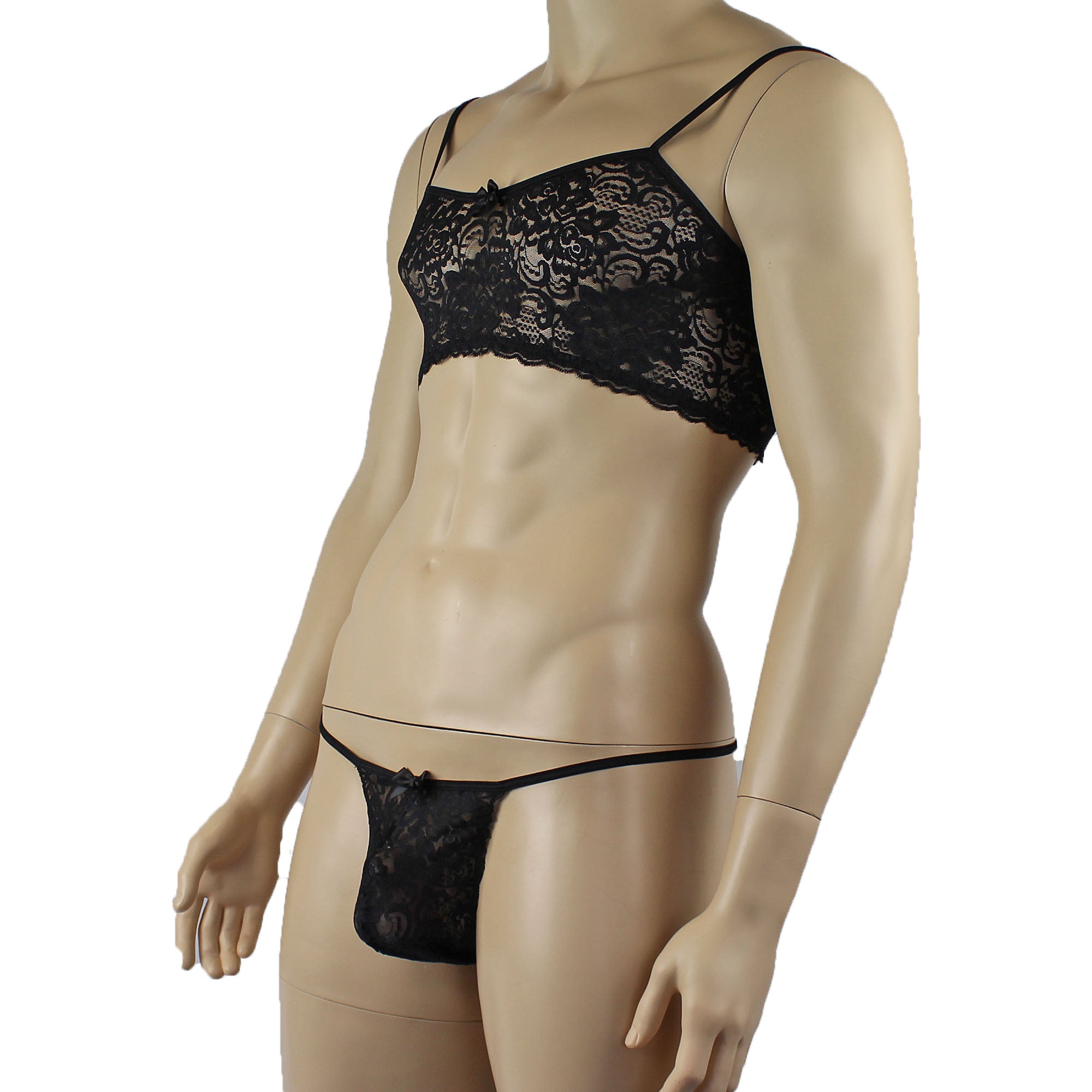 Mens Rebecca Pretty Floral Lingerie Lace Bra Top with G string Black