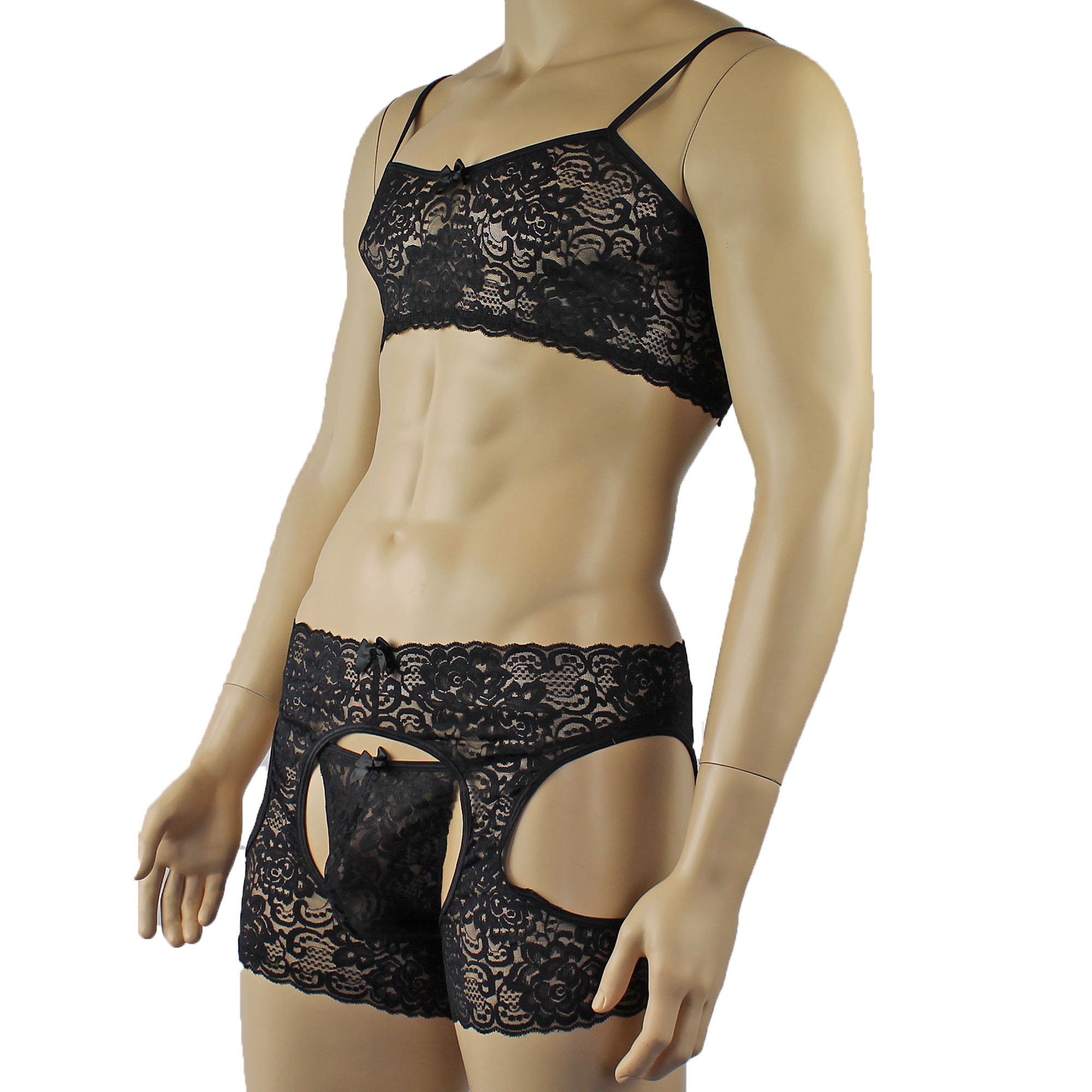 Mens Rebecca Pretty Floral Lingerie Lace Bra Top, Open Garter Boxer Shorts with G string Black