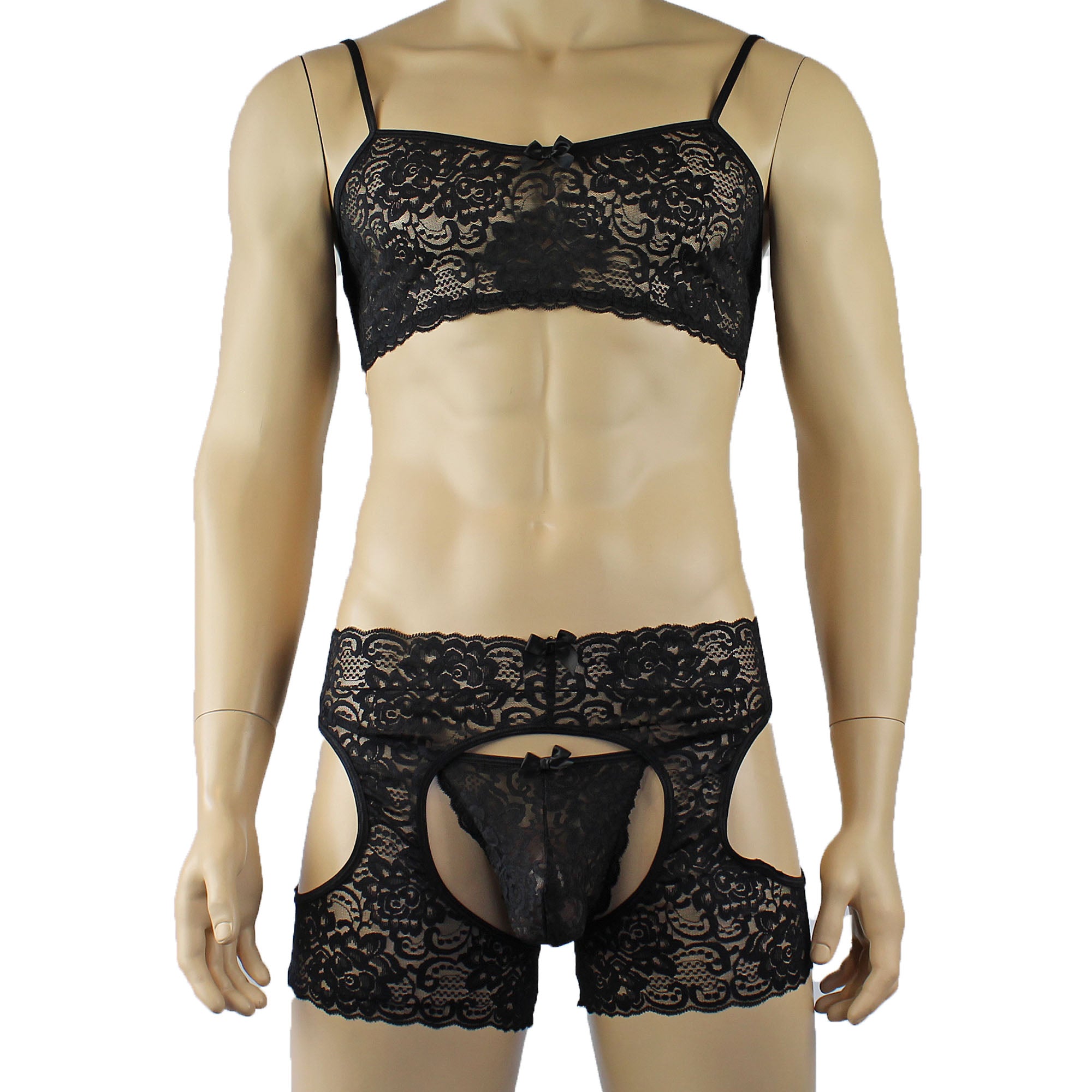 Mens Rebecca Pretty Floral Lingerie Lace Bra Top, Open Garter Boxer Shorts with G string Black