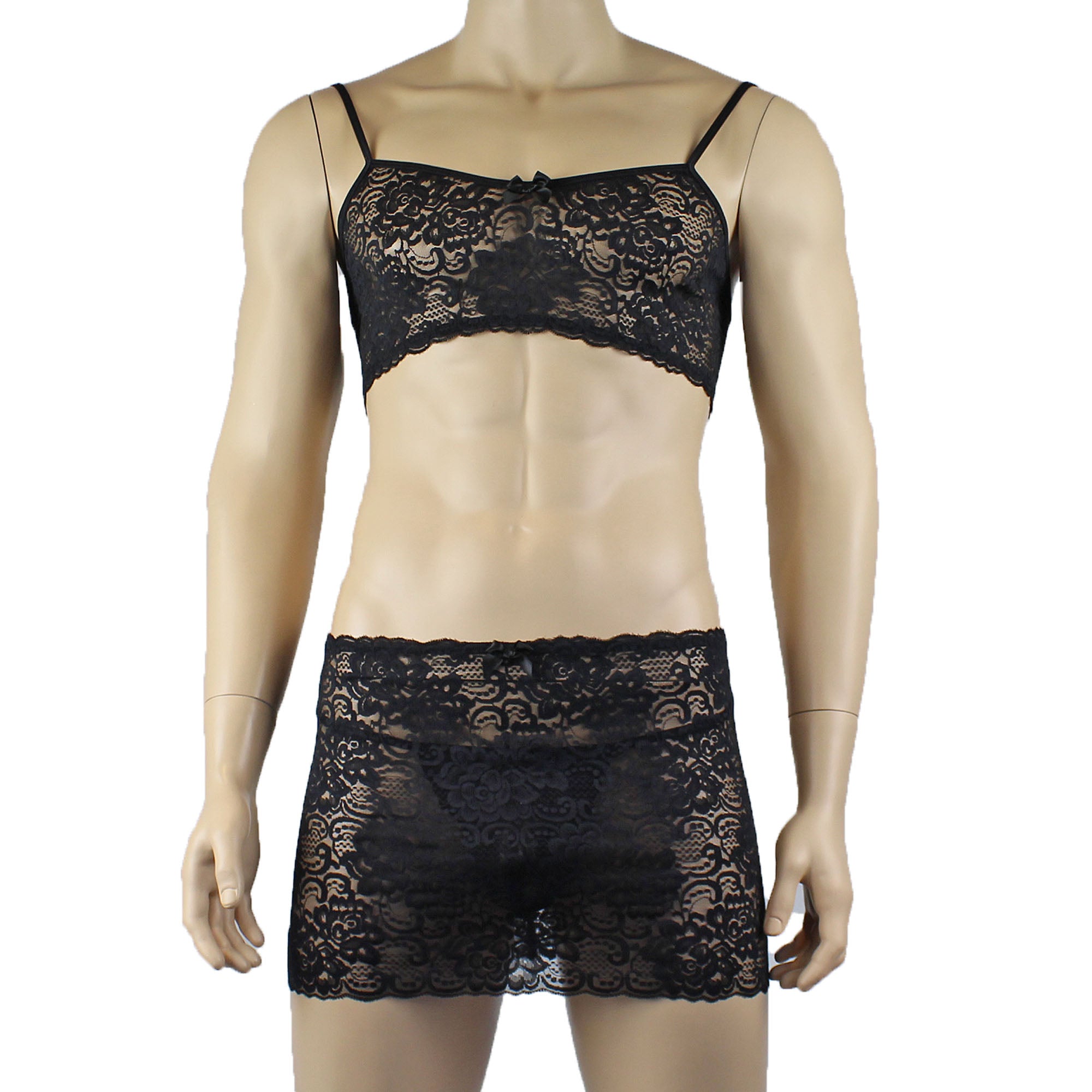 Mens Rebecca Pretty Floral Lingerie Lace Bra Top, Micro Mini Skirt and G string Black