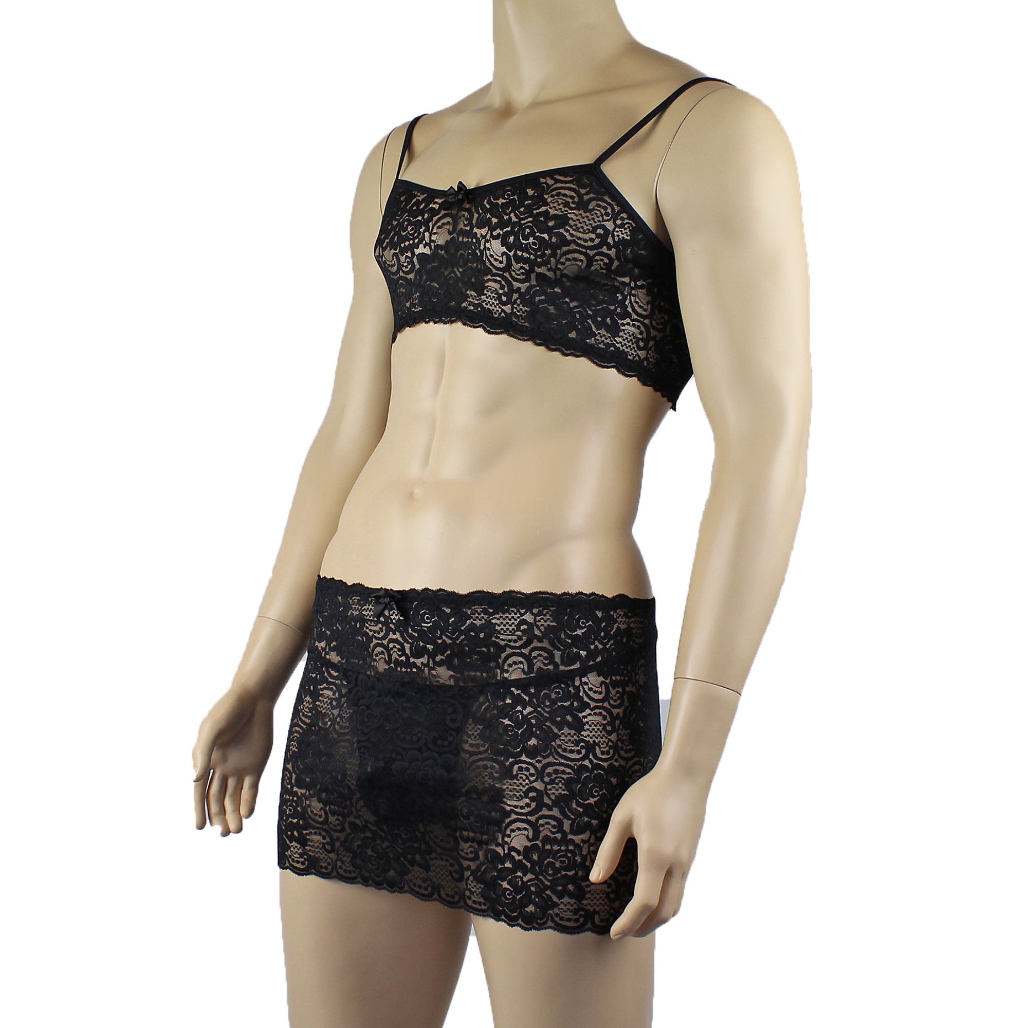 Mens Rebecca Pretty Floral Lingerie Lace Bra Top, Micro Mini Skirt and G string Black