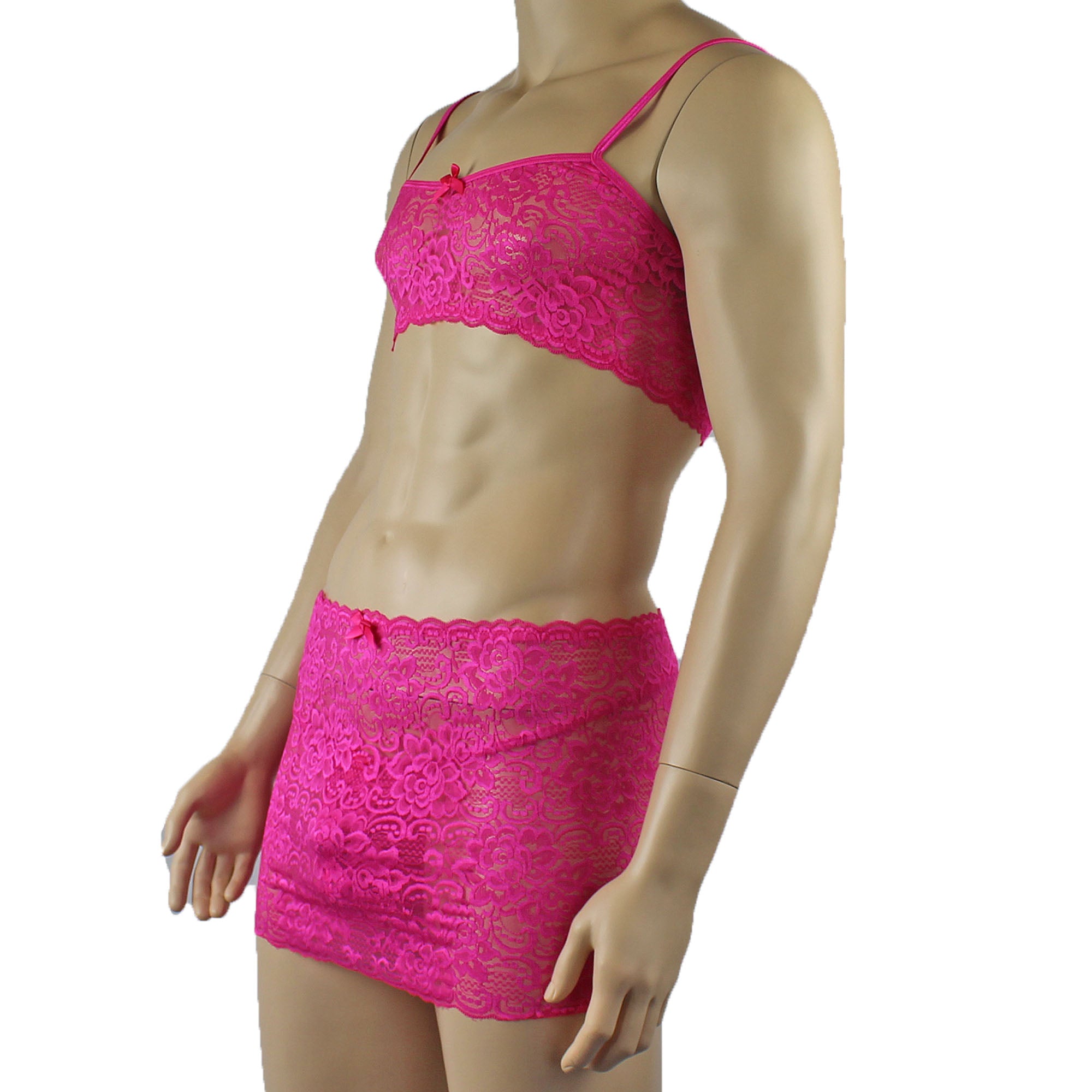 Mens Rebecca Pretty Floral Lingerie Lace Bra Top, Micro Mini Skirt and G string Hot Pink