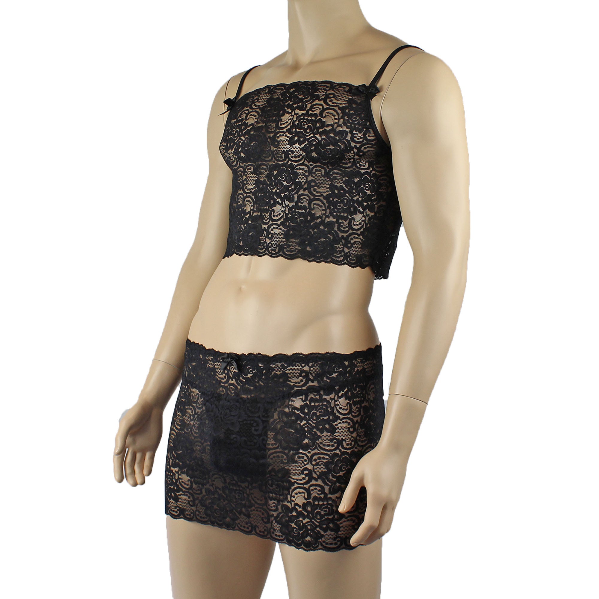 Mens Rebecca Pretty Floral Lingerie Lace Camisole Top, Micro Mini Skirt and G string Black