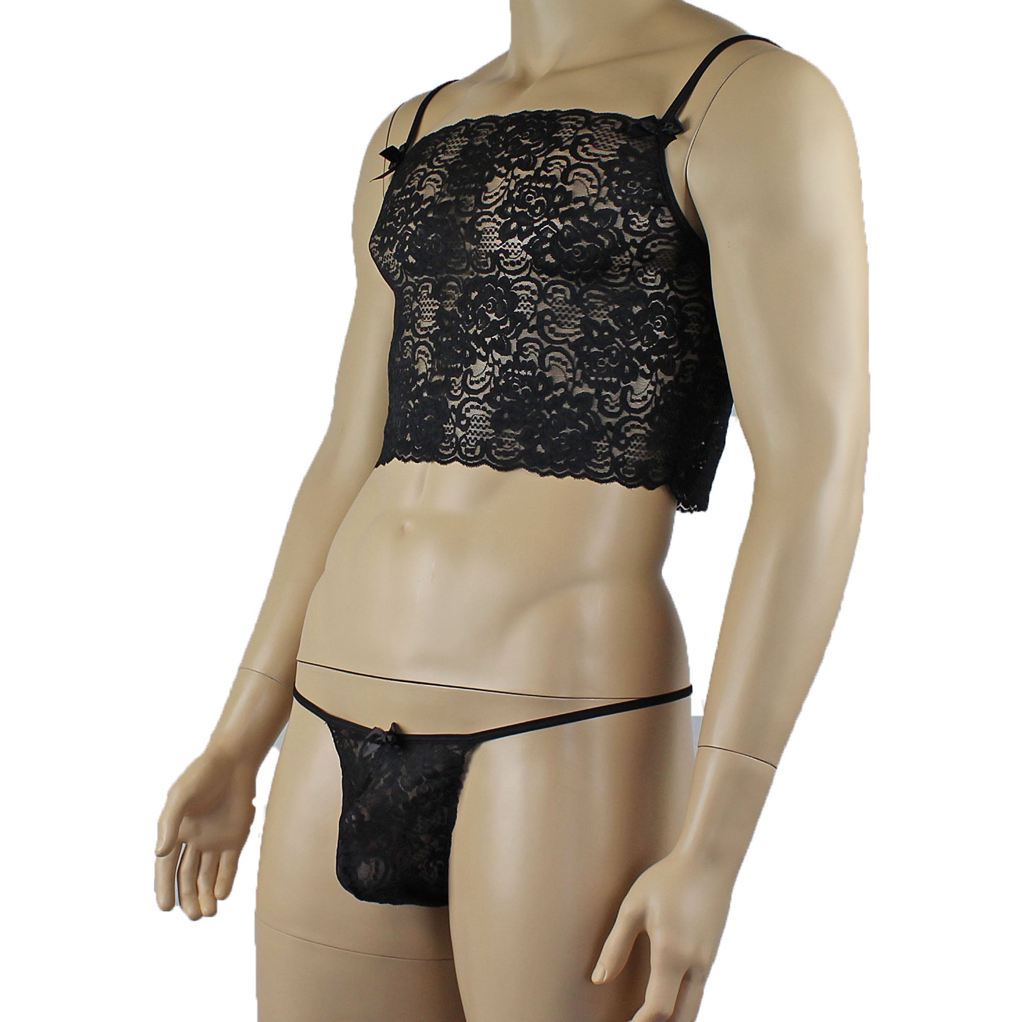 Mens Rebecca Pretty Floral Lingerie Lace Camisole Top with G string Black