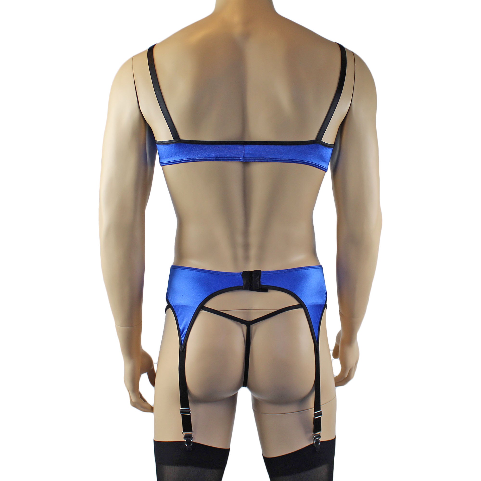 Mens Jenny Shiny Spandex Bra Top, G string and Garterbelt Lingerie Blue & Black